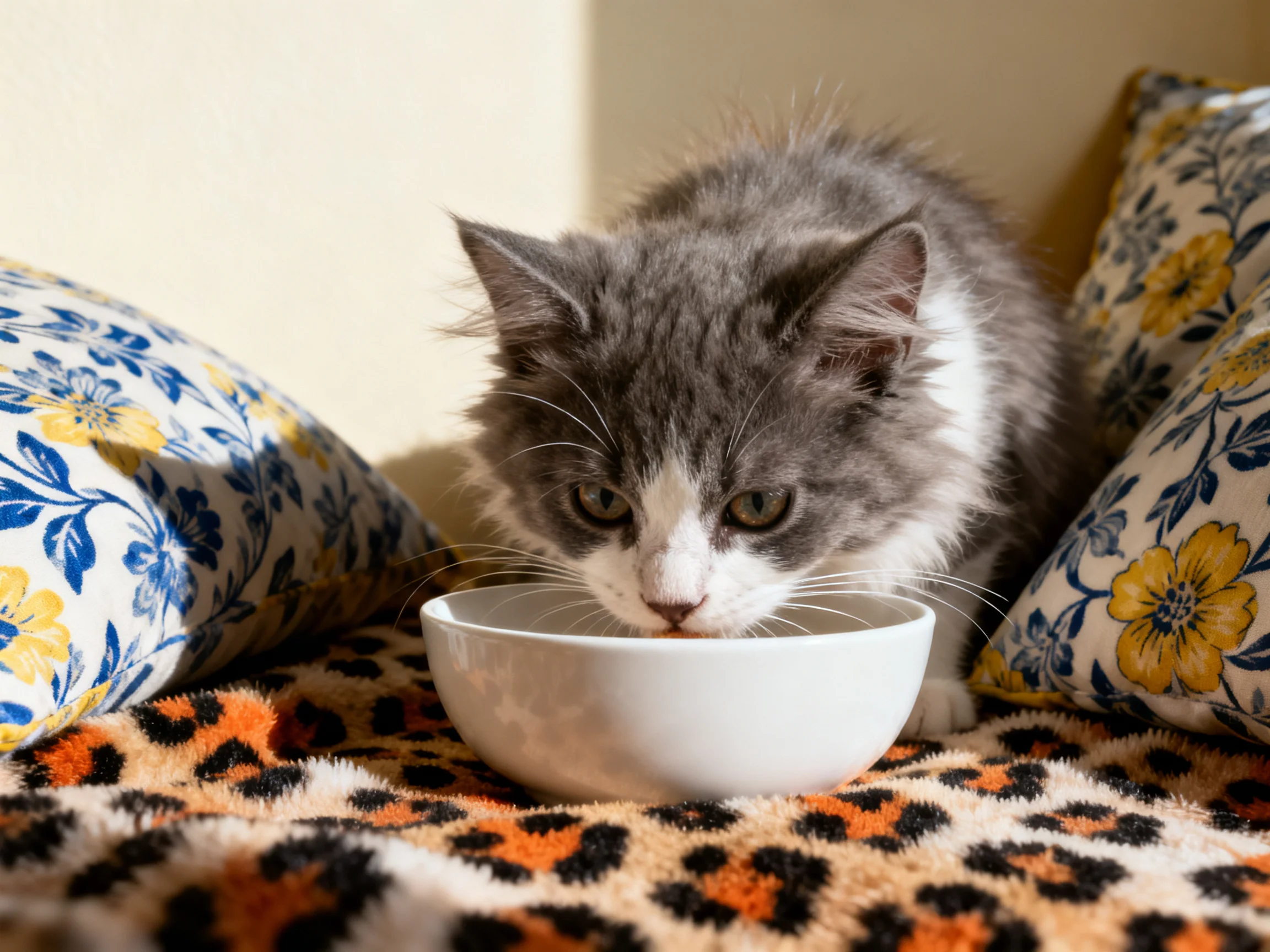 A fluffy gray-and-white cat eats from a white bowl near floral pillows