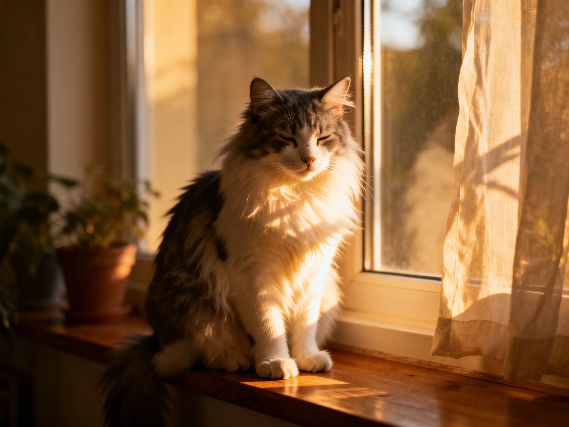 A fluffy gray-and-white cat enjoys golden sunlight by the window