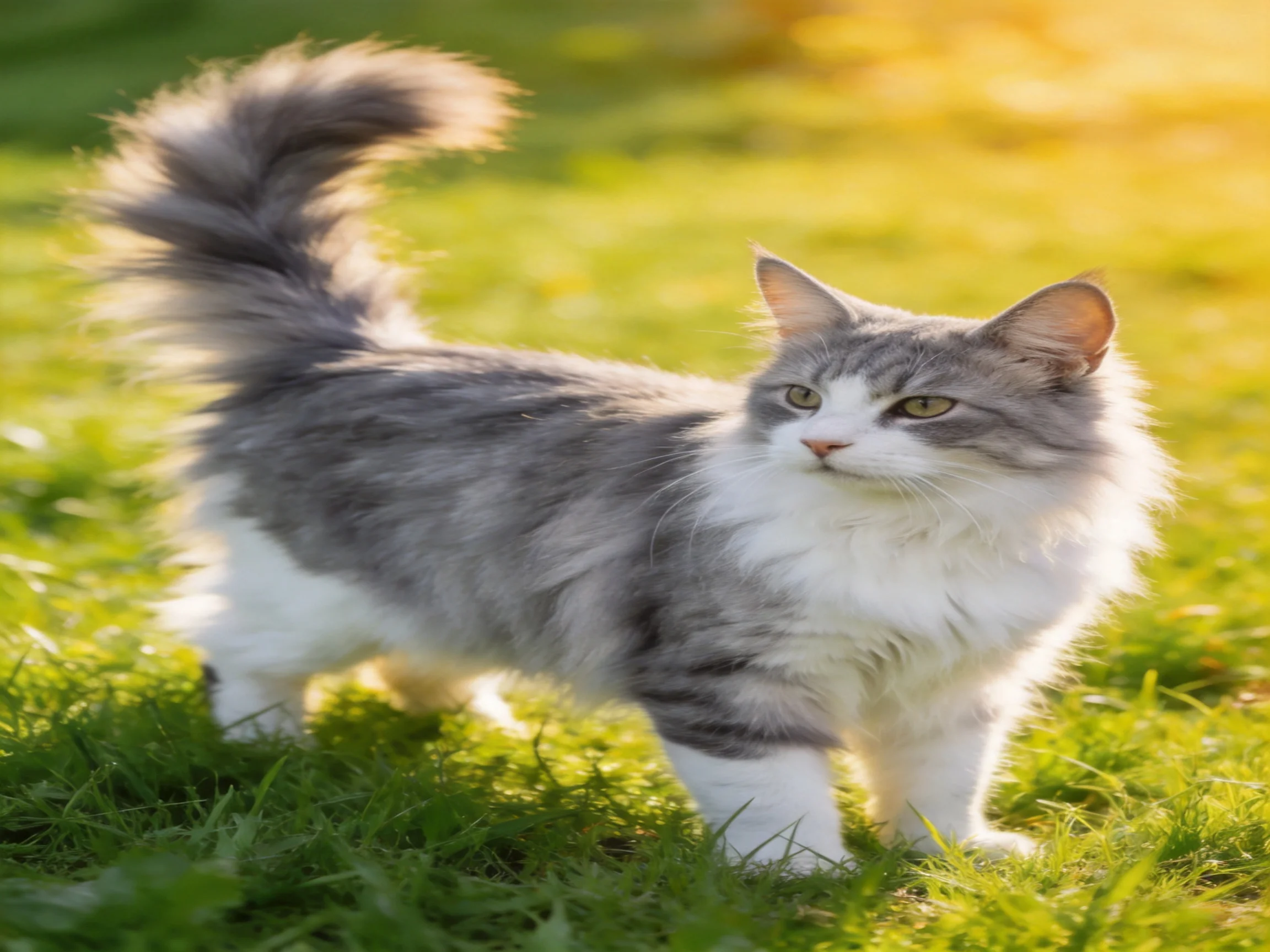 A fluffy gray-and-white cat explores a sunlit green meadow