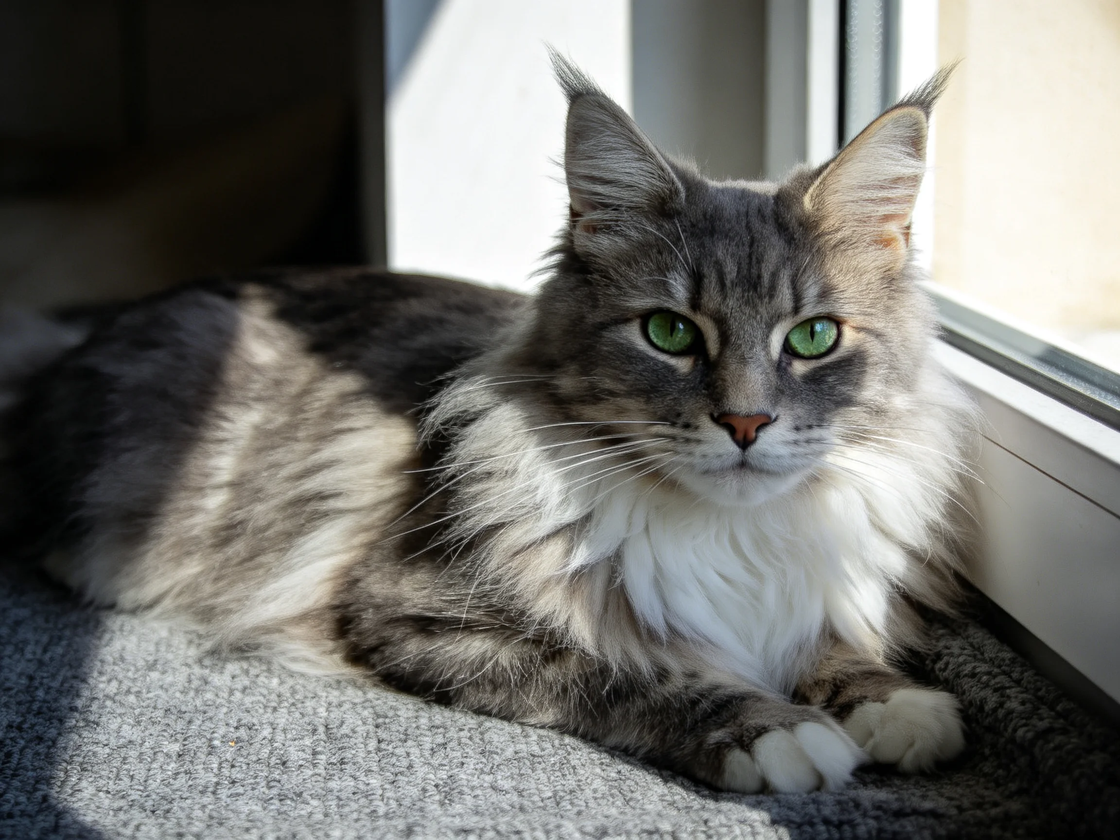 A fluffy gray-and-white cat lounges by a sunlit window