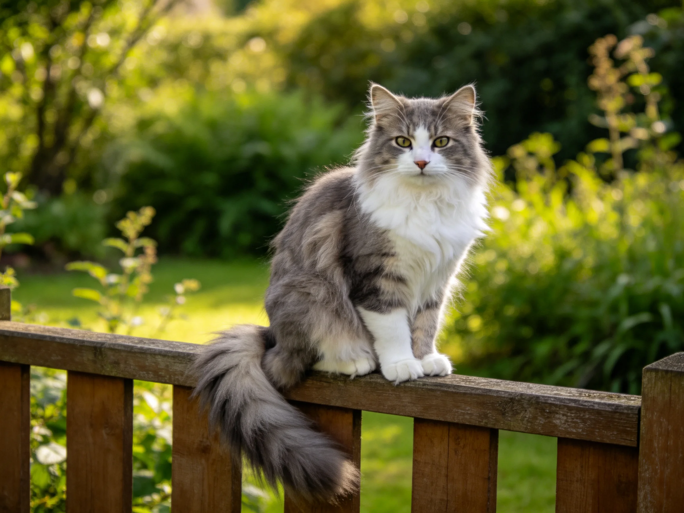 A fluffy gray-and-white cat sits atop a wooden fence in a sunlit garden.