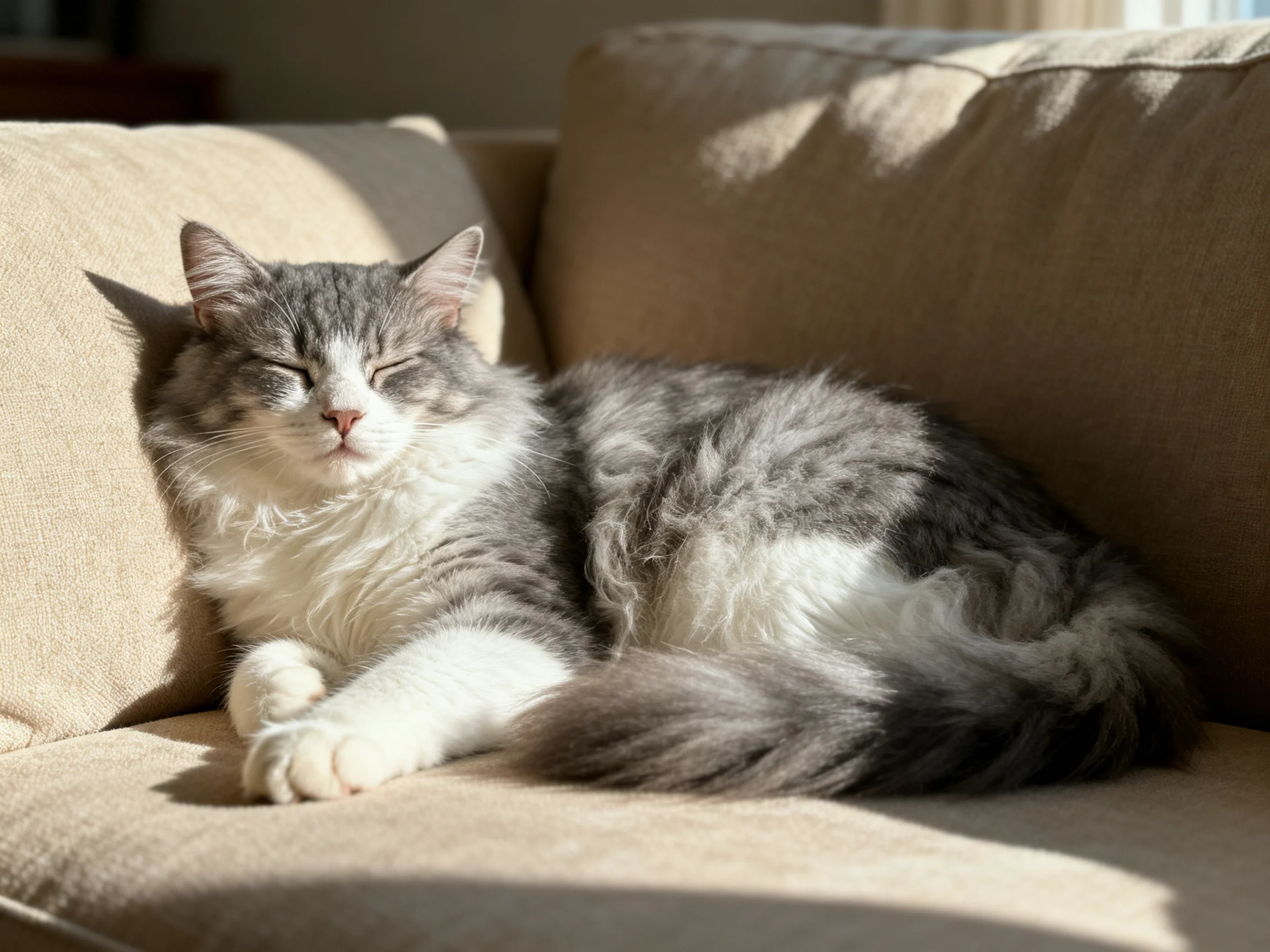 A gray-and-white cat relaxes on a beige sofa under warm sunlight.