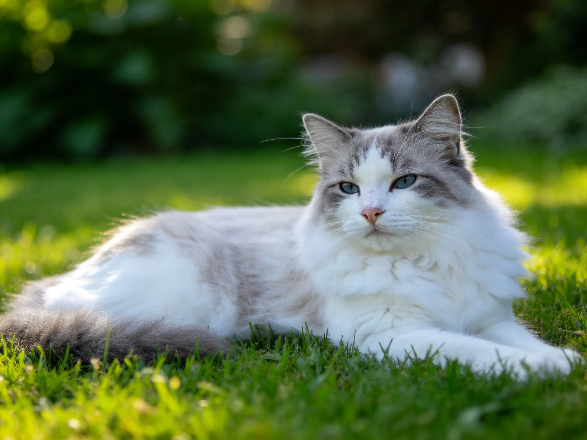 A gray-and-white cat rests on lush green grass in a sunlit outdoor area.