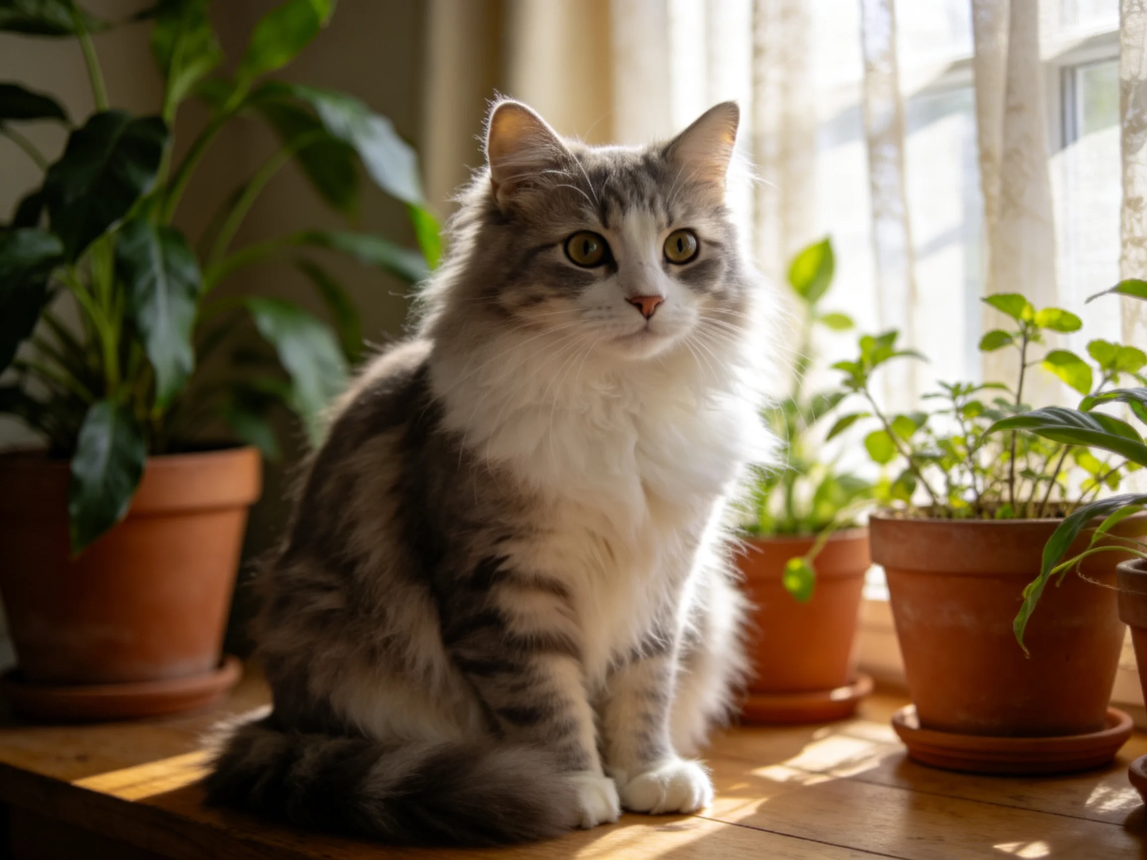 A fluffy gray-and-white cat rests near severalacotta potted plants by a bright window.