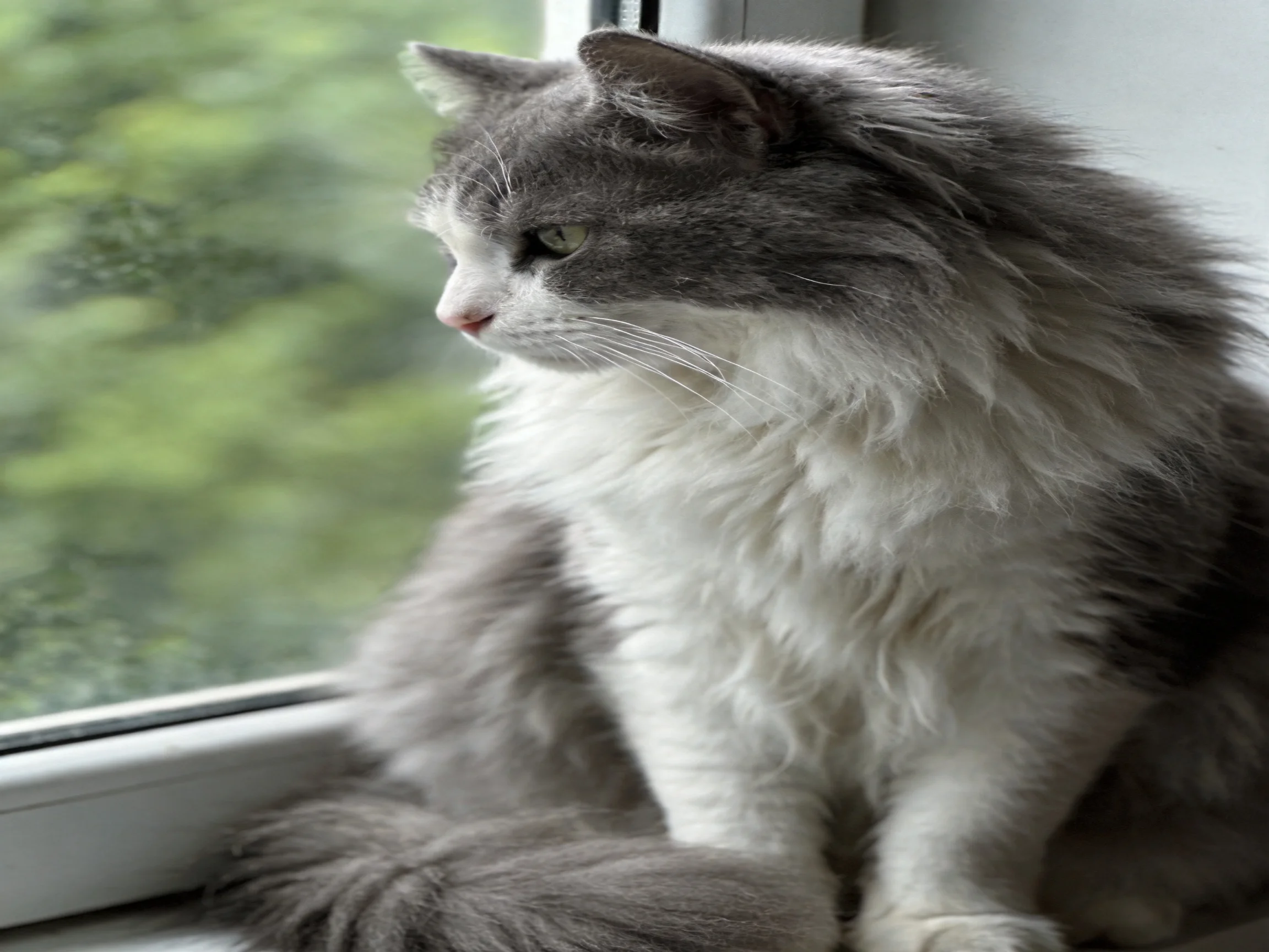 A fluffy gray-and-white cat sits by a window with greenery visible beyond.