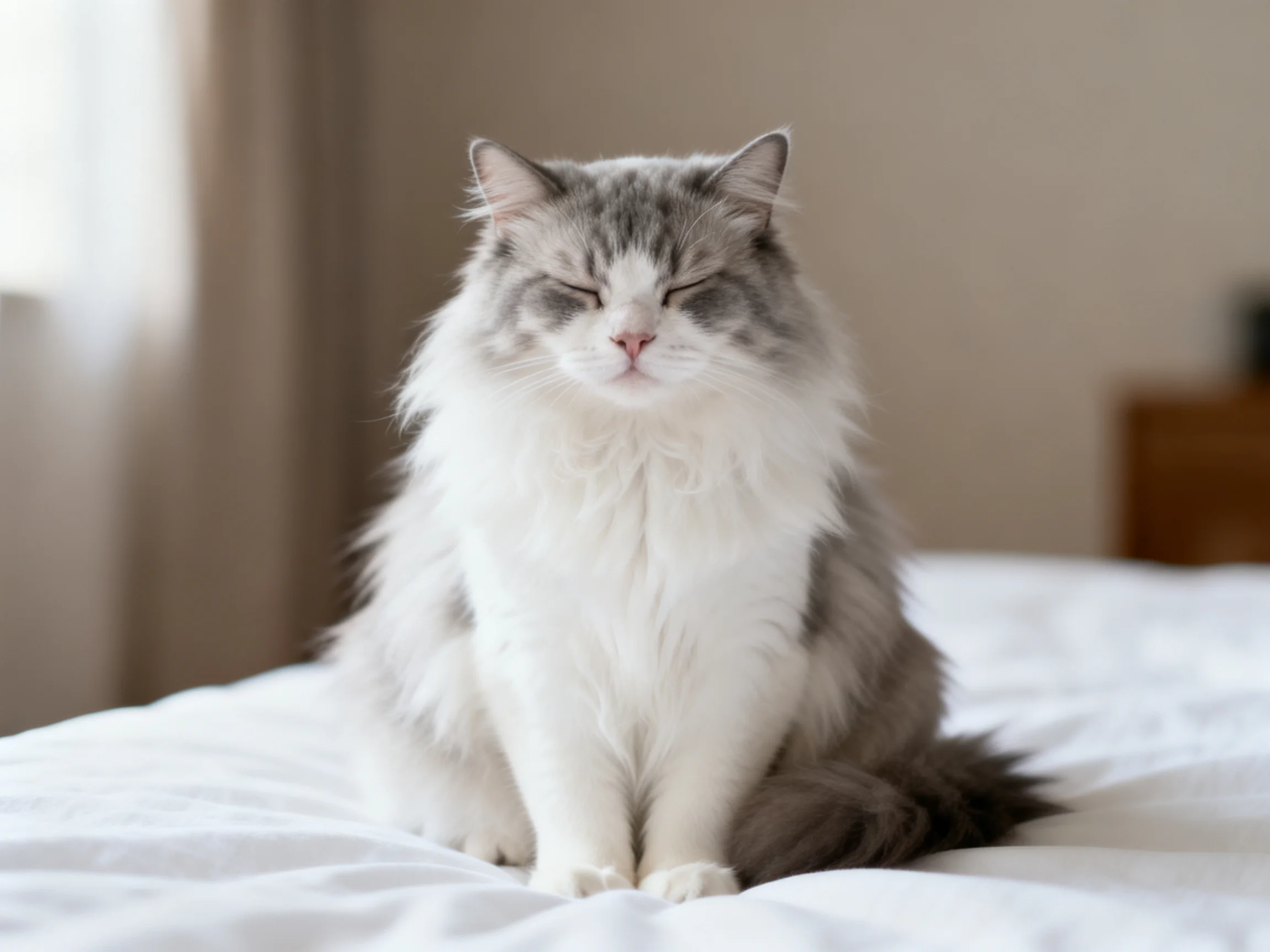 A fluffy gray-and-white cat sits calmly on a white bed in a softly lit room.