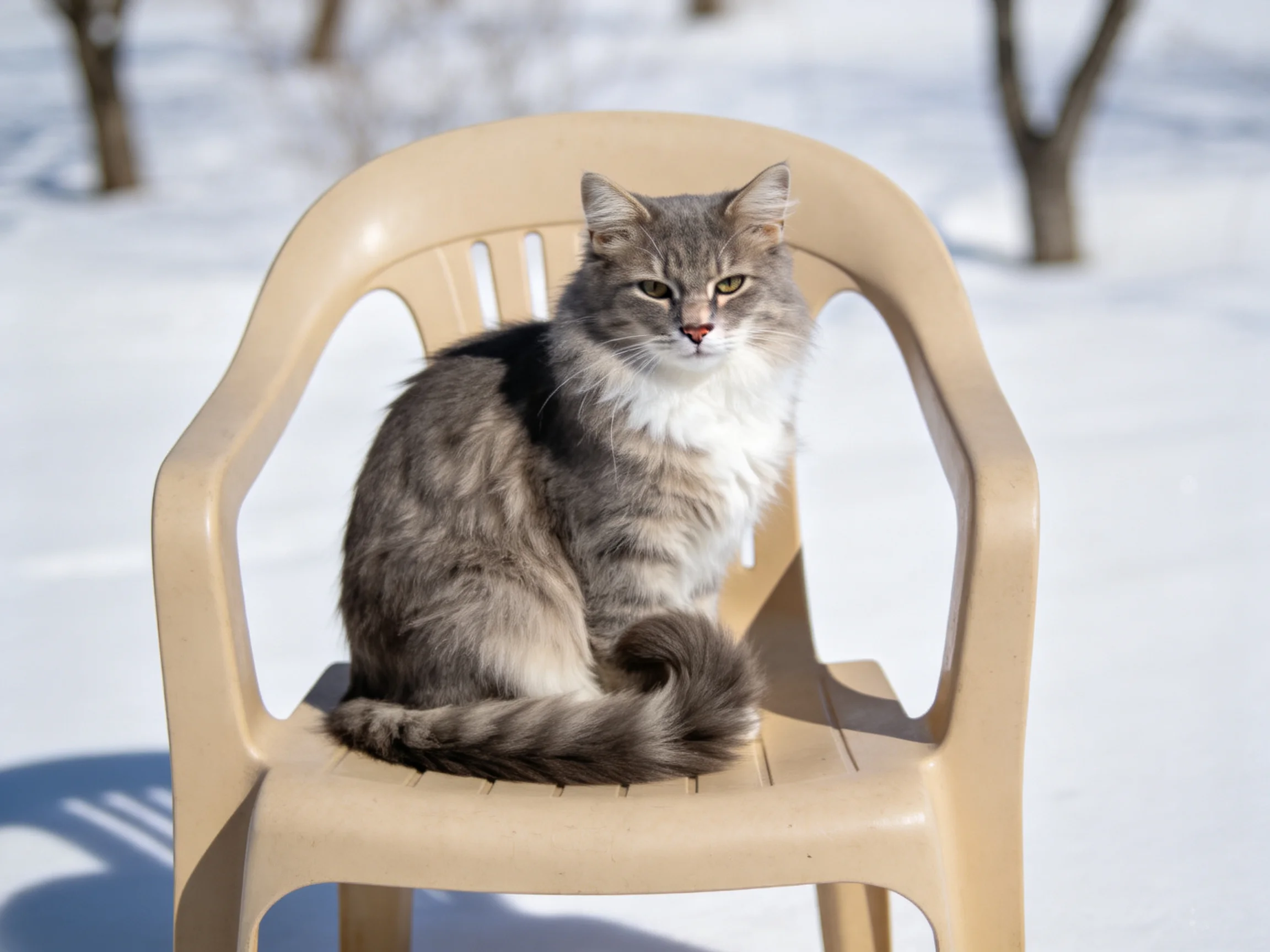 A gray-and-white cat sits on a beige plastic chair in a snowy outdoor setting.