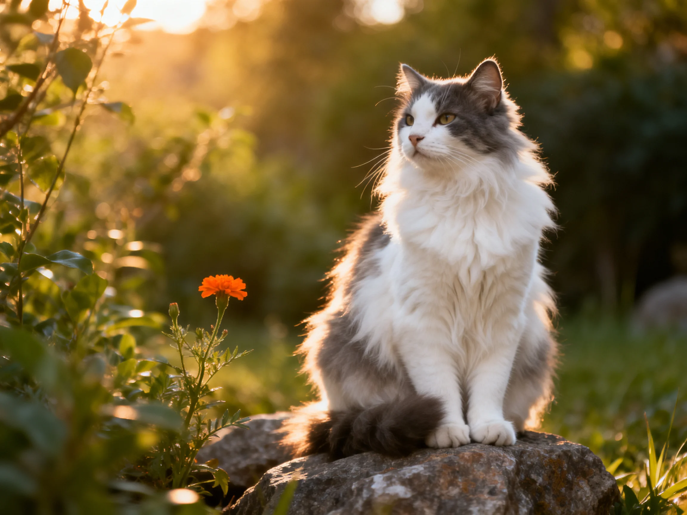 A fluffy cat sits on a rock among greenery and flowers during golden-hour light.