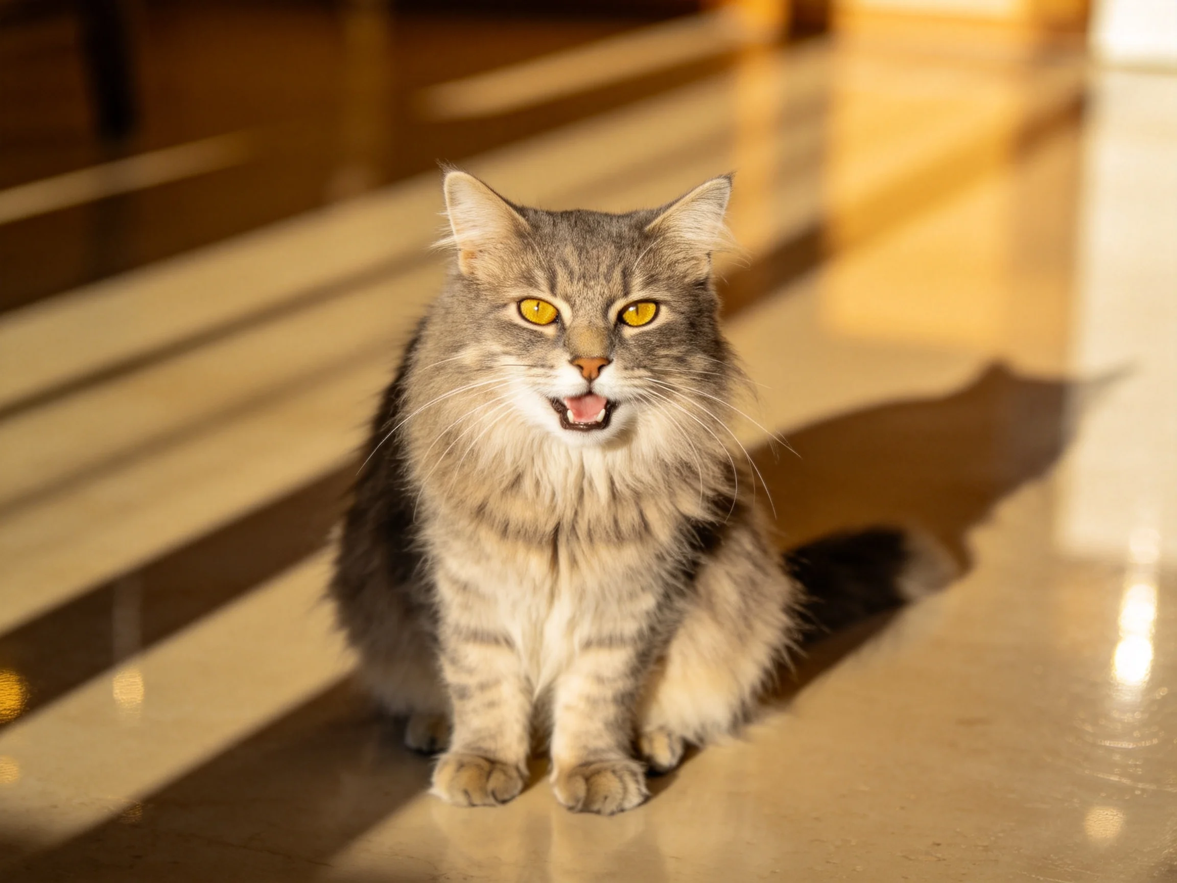 A fluffy gray-and-white cat sits on a sunlit reflective floor