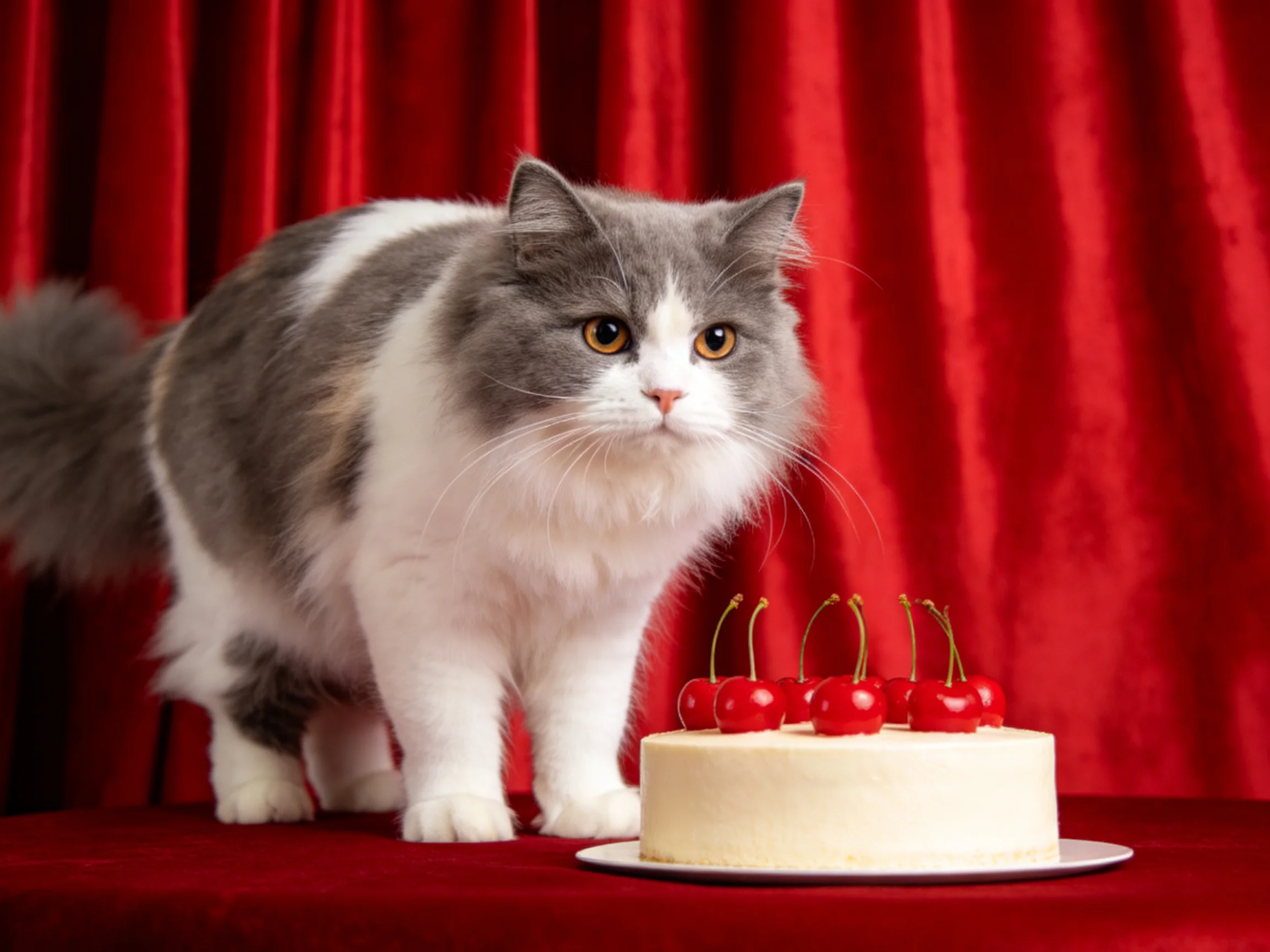 A fluffy gray-and-white cat stands beside a cherry-topped cake near red curtains