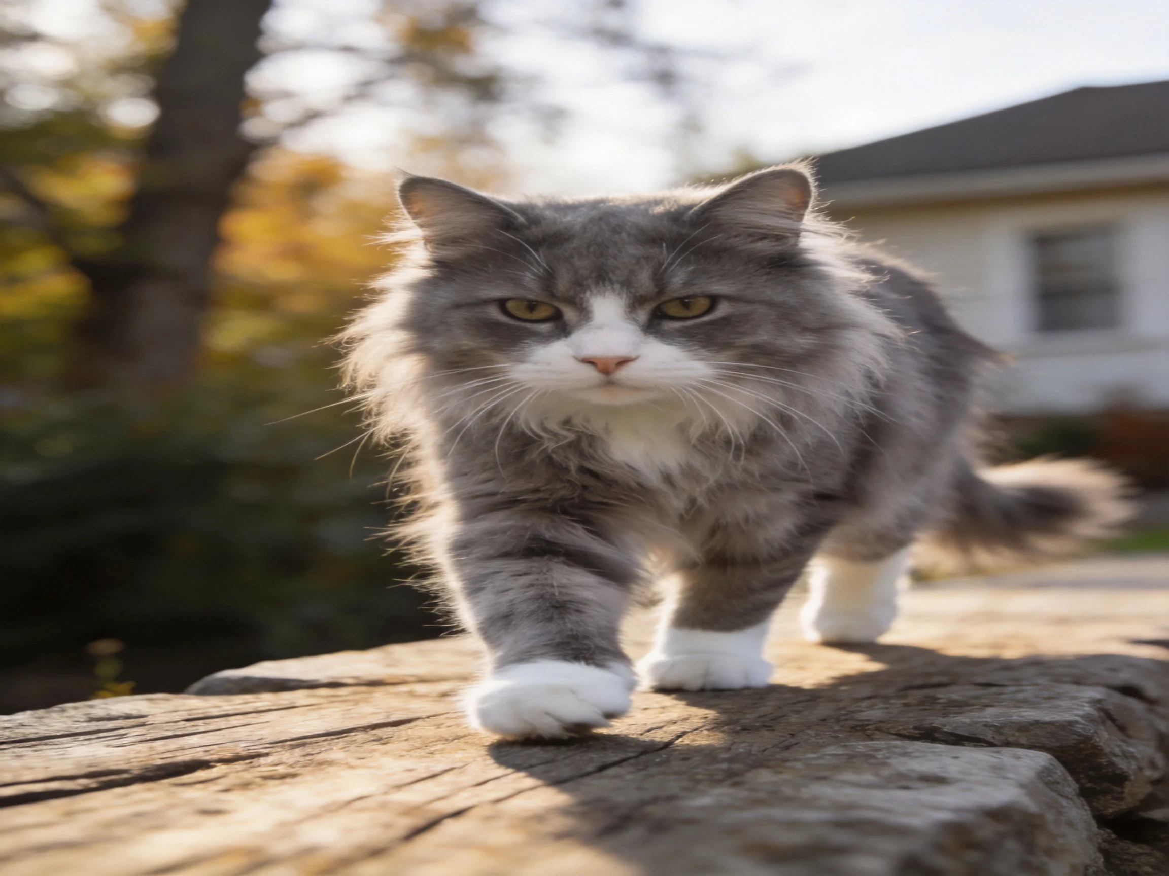 A gray-and-white fluffy cat walks on a wooden log in a sunlit outdoor space.