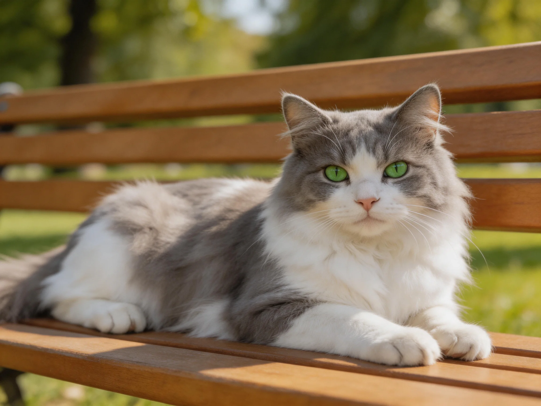 A fluffy gray-and-white cat with green eyes relaxes on a wooden bench outdoors.