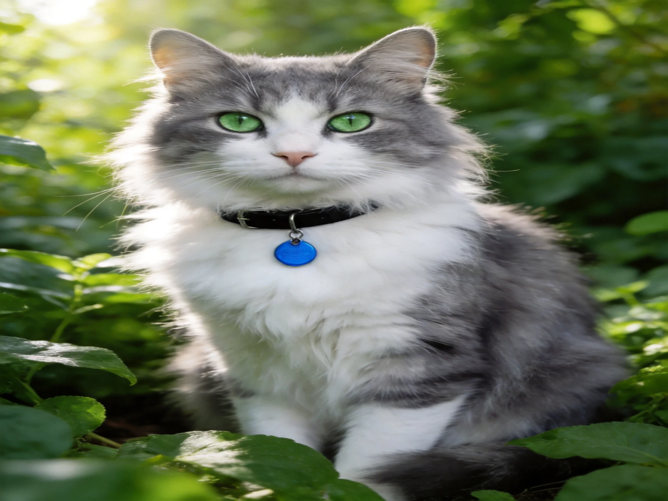 A gray-and-white cat with green eyes rests amid dense green plants.