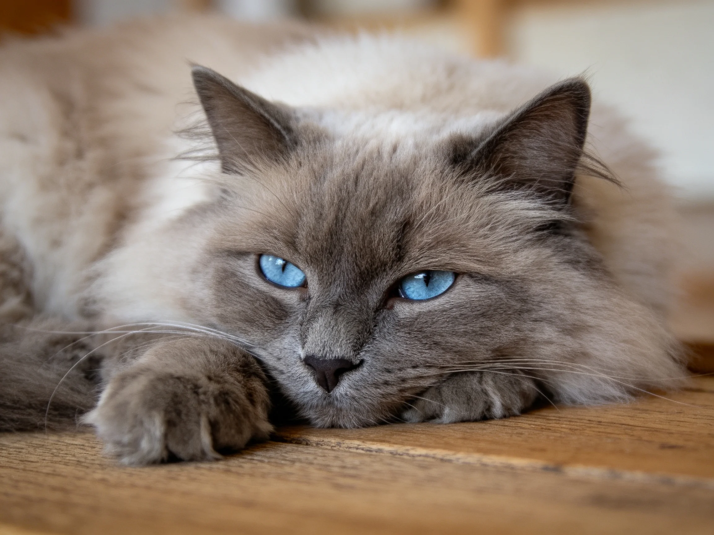 A gray-and-white cat with bright blue eyes relaxes on a wooden surface.