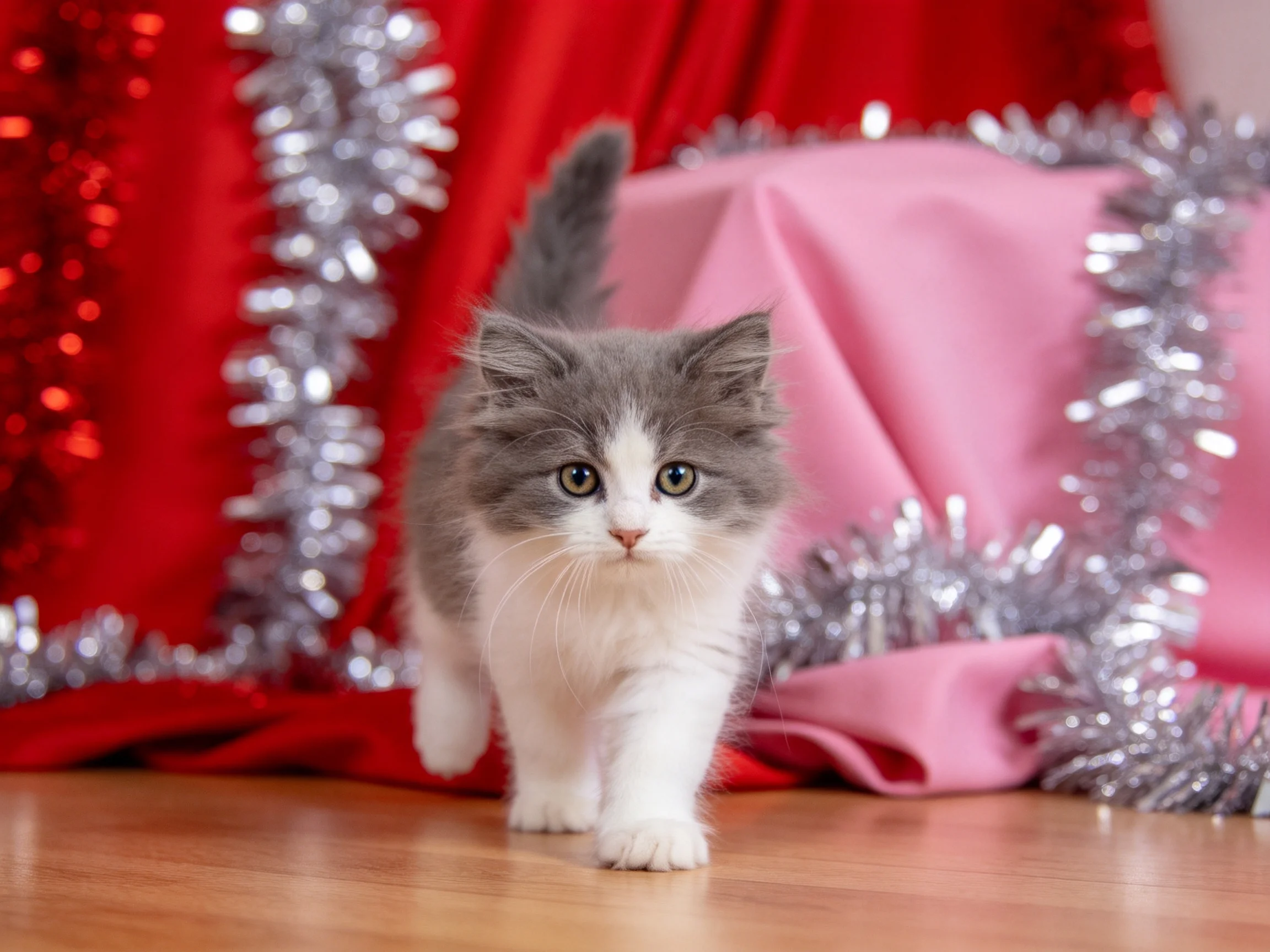 A gray-and-white kitten walks near colorful draped fabrics and tinsel.