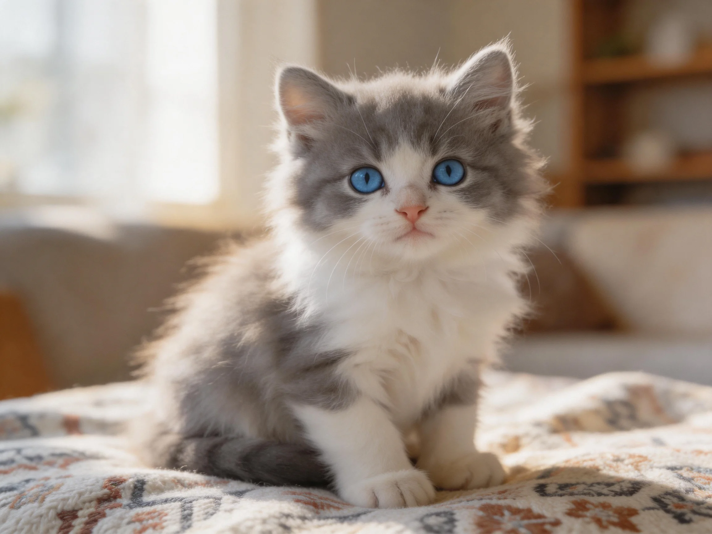 A small gray-and-white kitten with blue eyes sits on a patterned blanket in a cozy room.