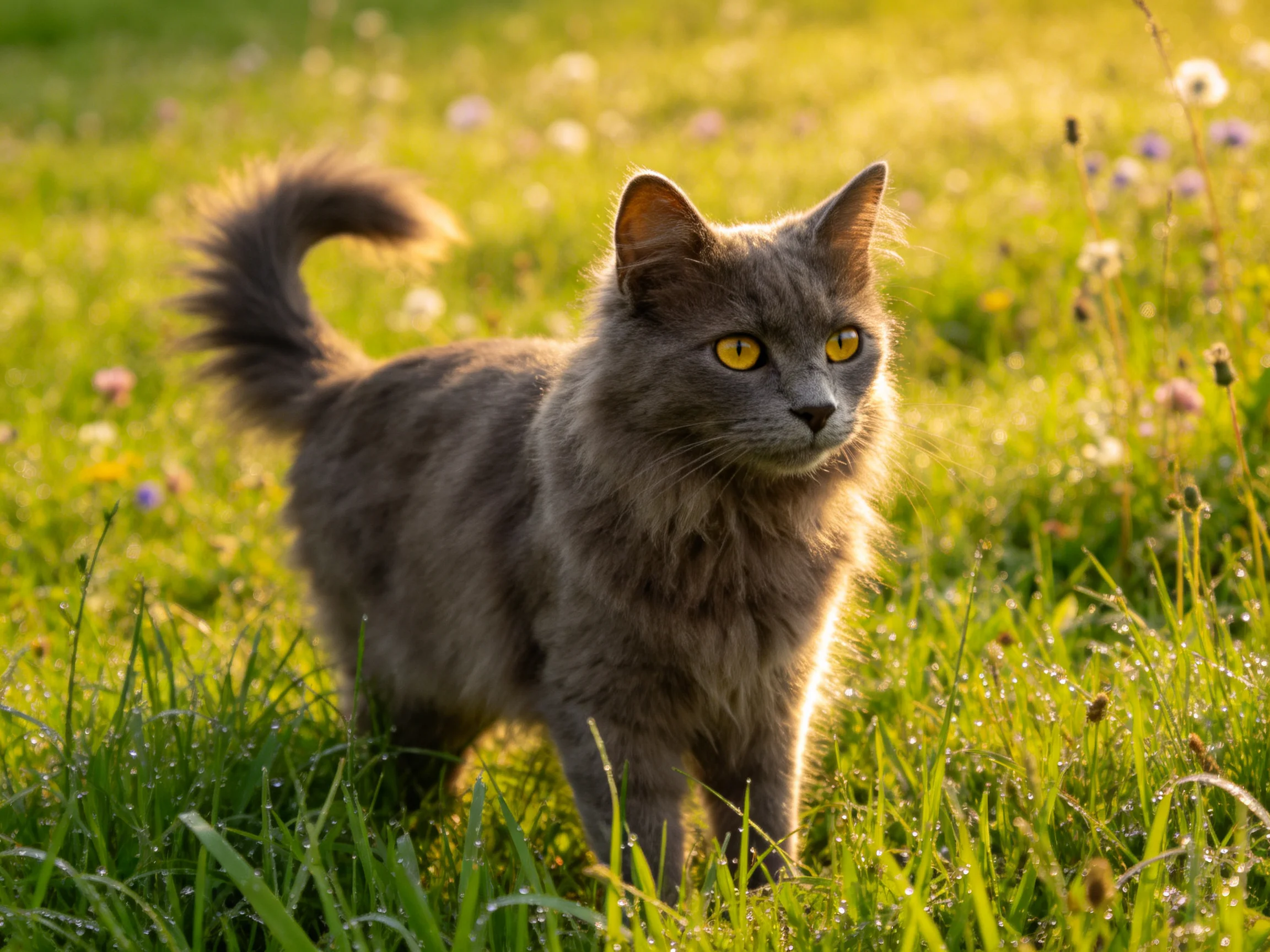 A fluffy gray cat explores a sun-drenched meadow with tall green grass