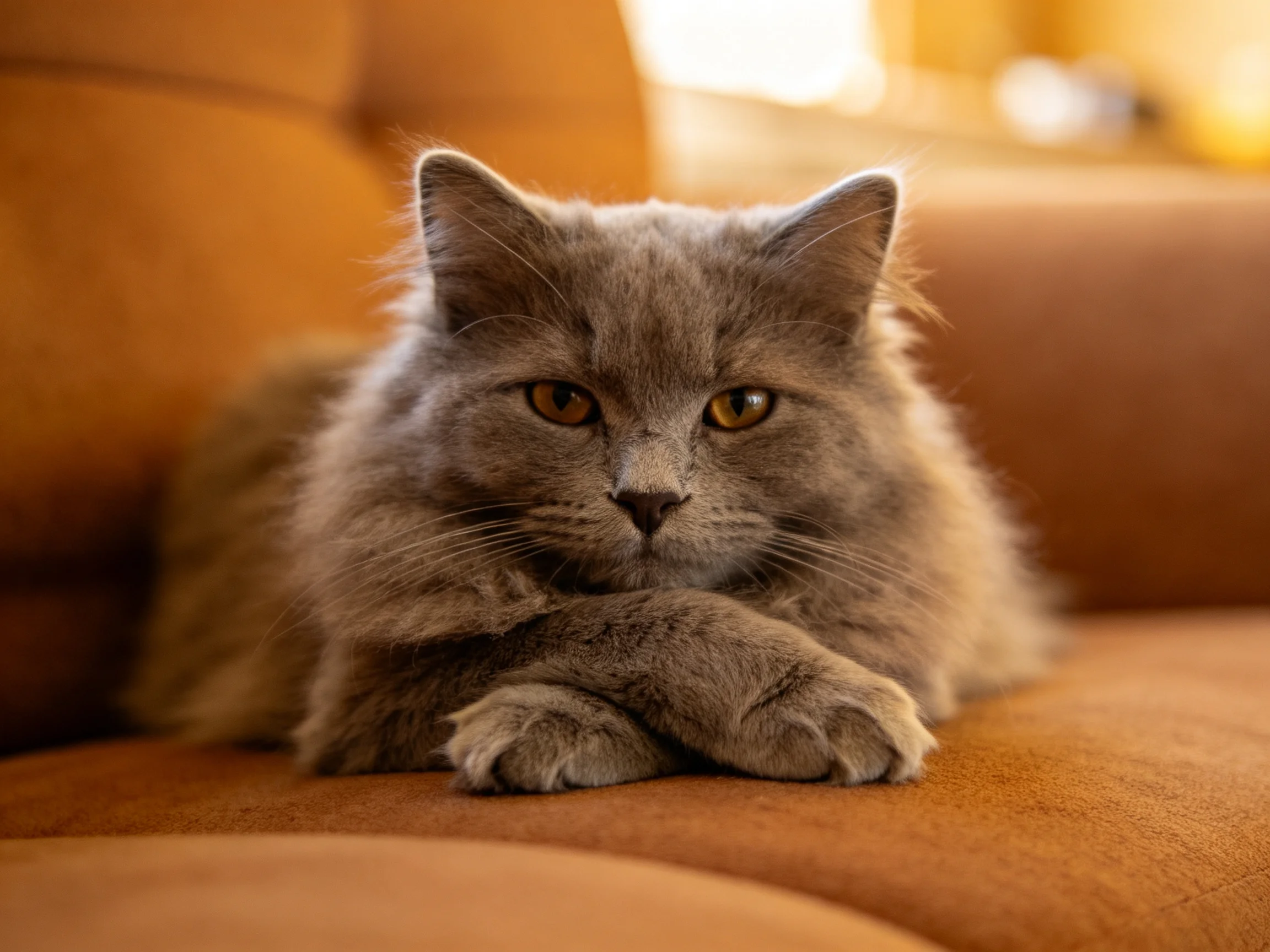 A gray cat relaxes comfortably on a cozy sofa in a softly lit room.
