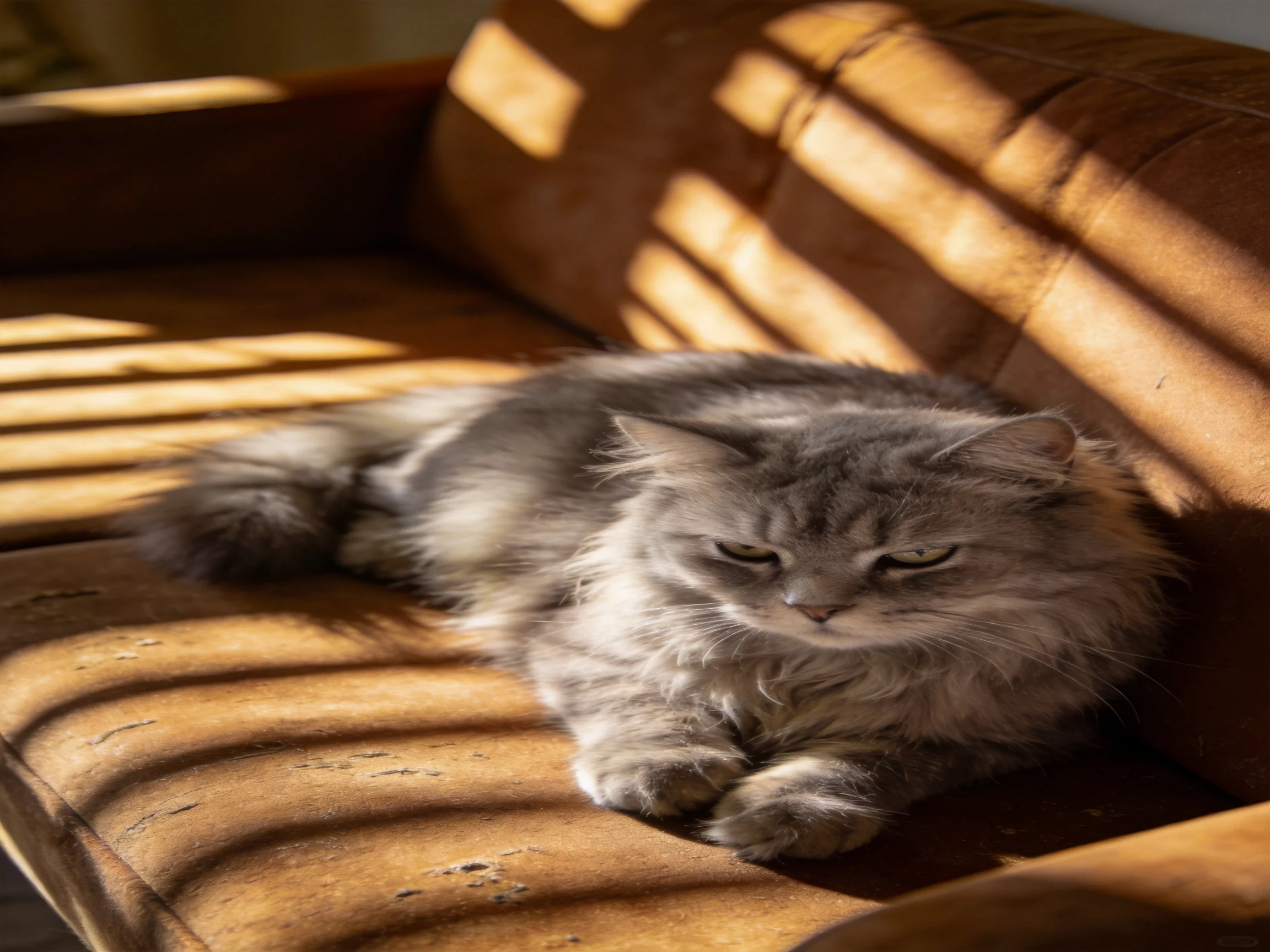 A fluffy gray cat lounges on a worn brown sofa with sunlight patterns