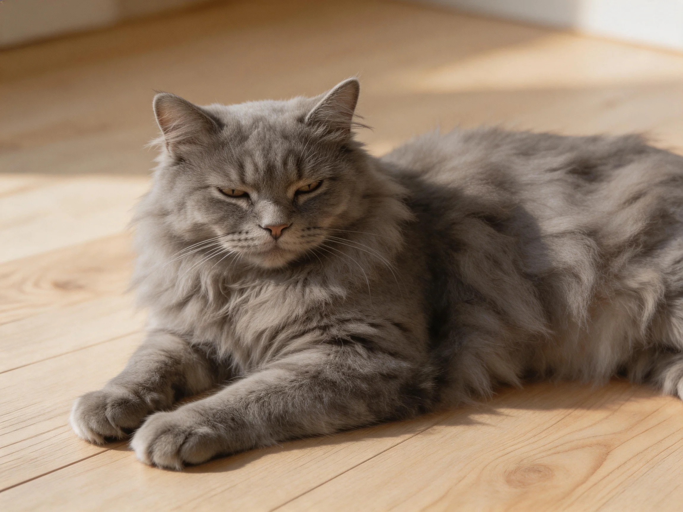 A fluffy gray cat lounging on a light wooden floor