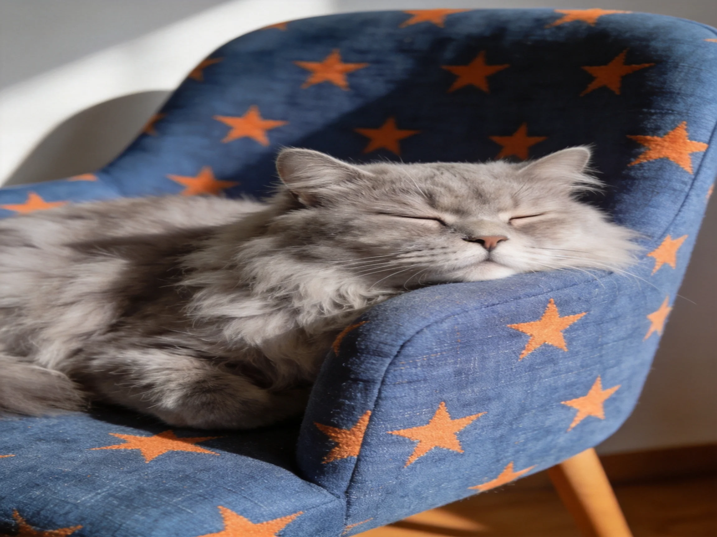 A fluffy gray cat naps on a blue chair with orange star patterns