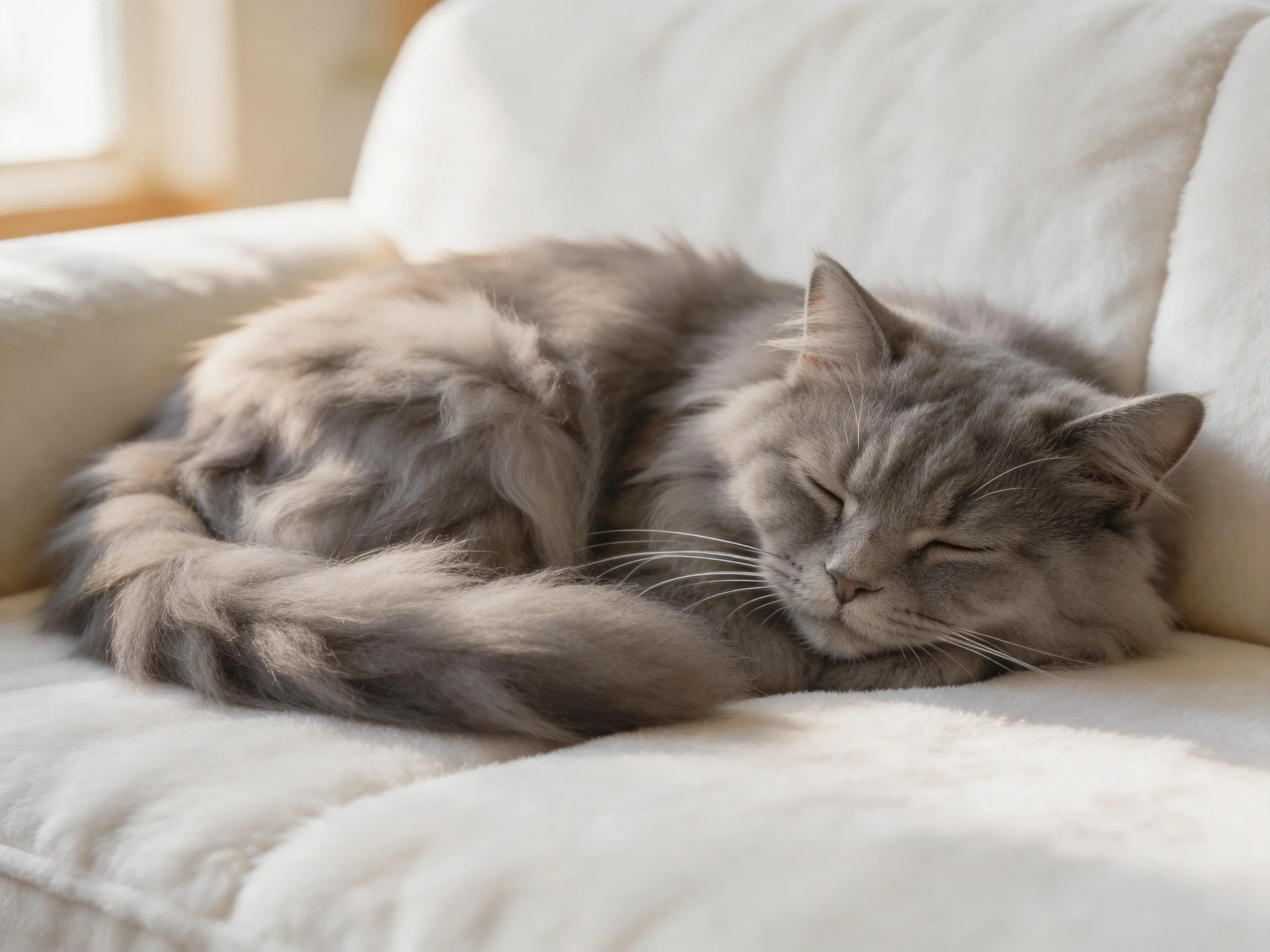 A gray cat sleeps peacefully on a white couch in a bright room.