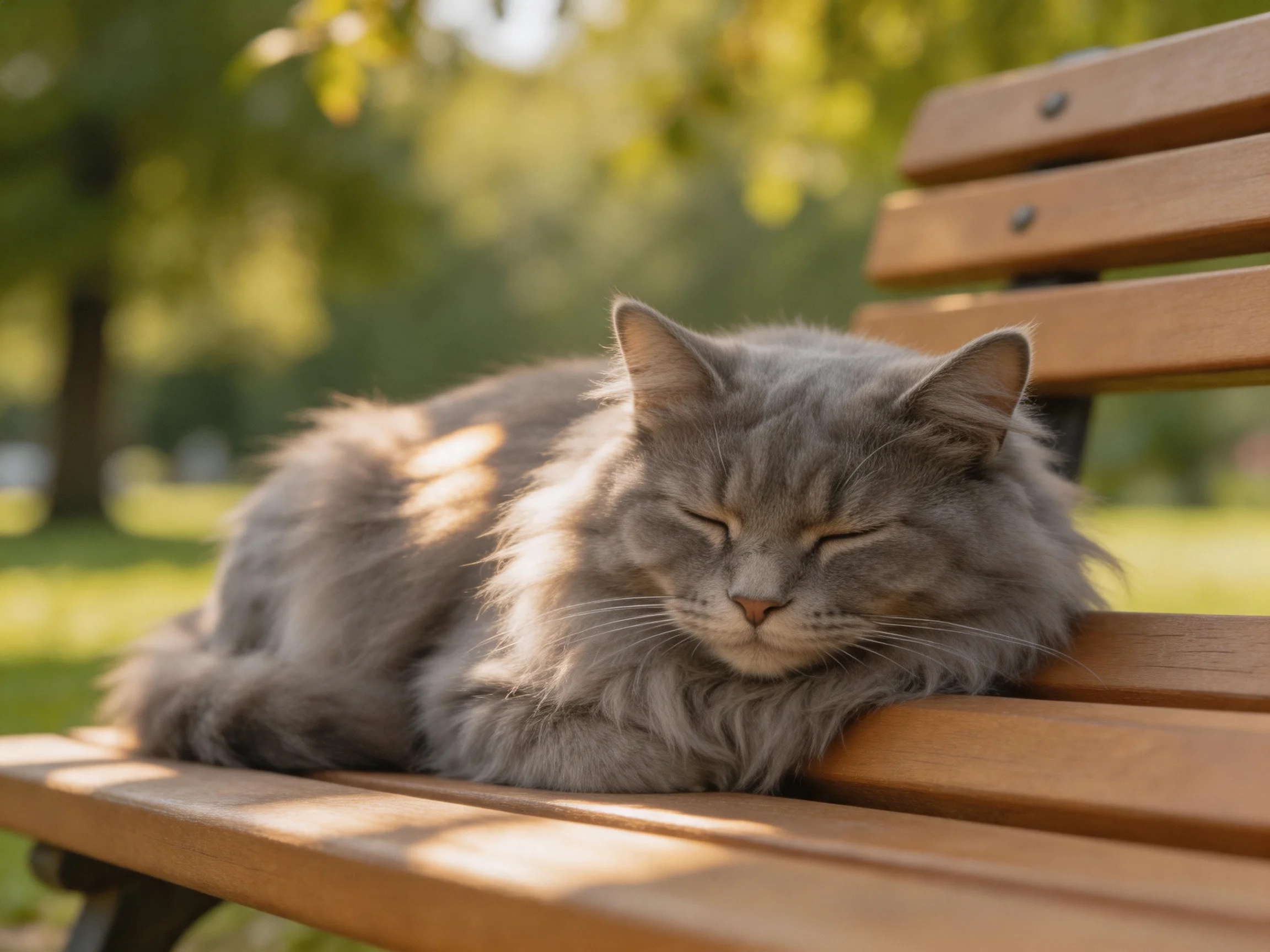 A fluffy gray cat naps on a wooden park bench