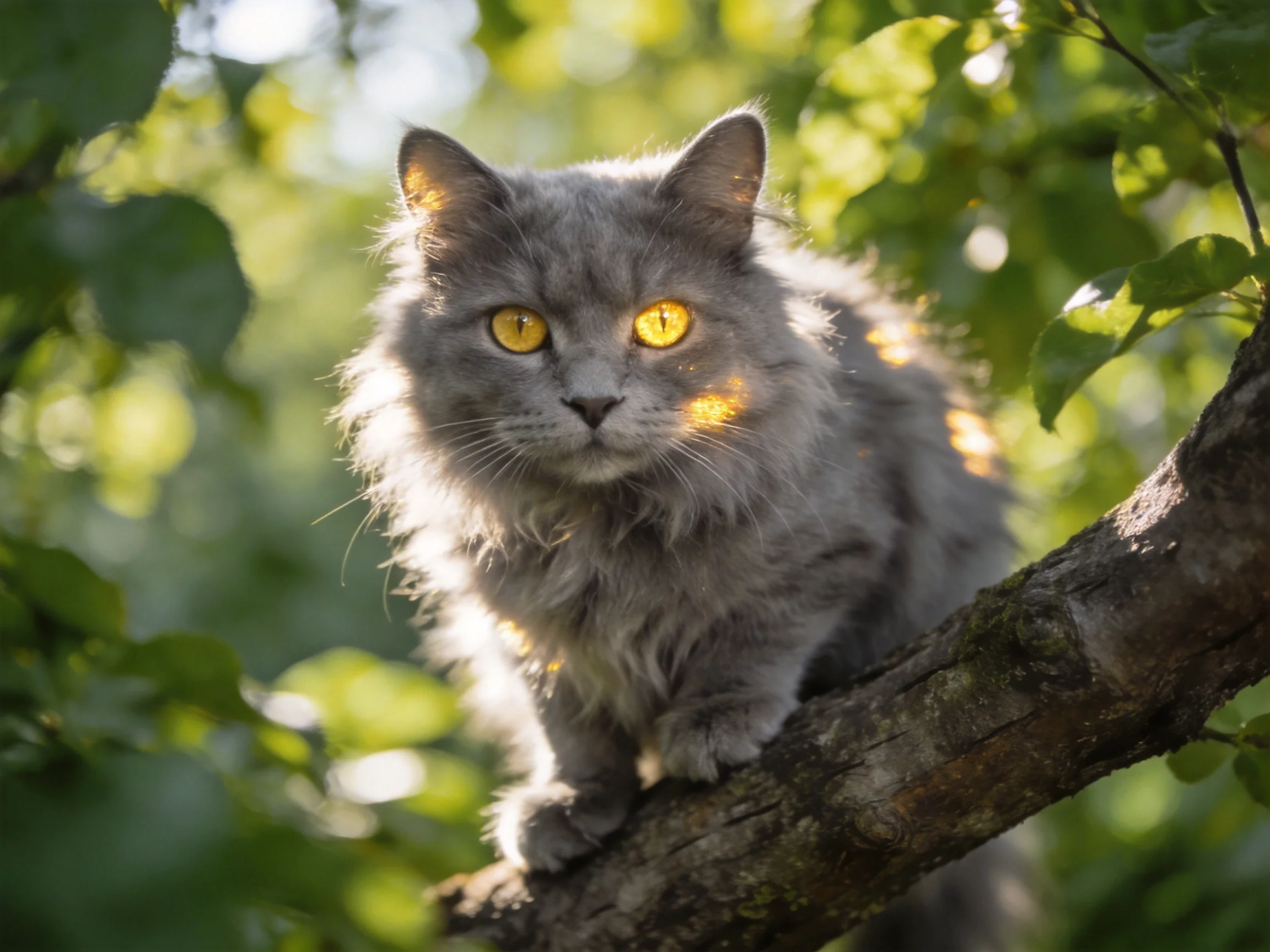 A fluffy gray cat sits on a tree branch surrounded by bright green leaves.