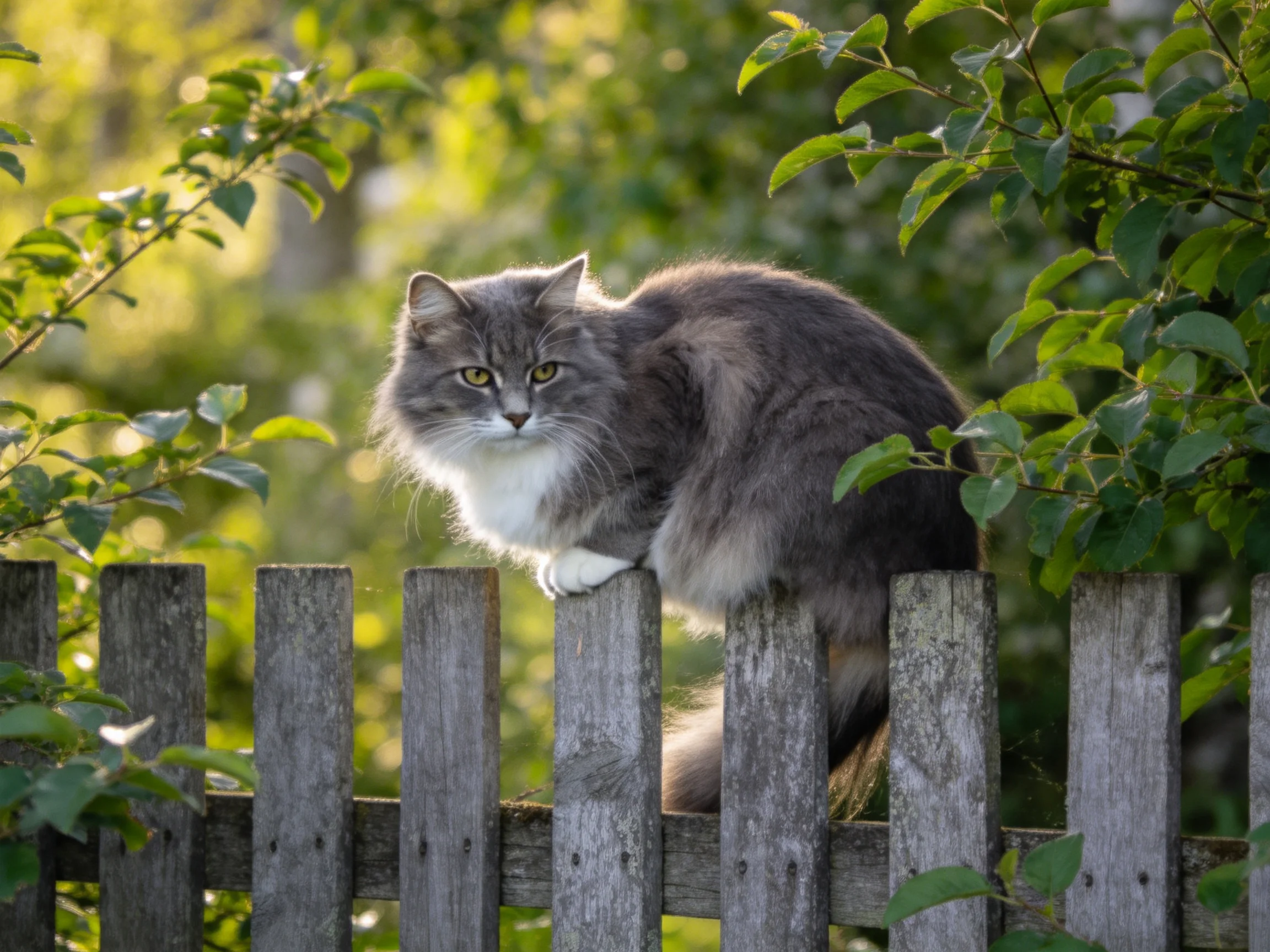 A gray cat sits atop a weathered wooden fence amid green foliage
