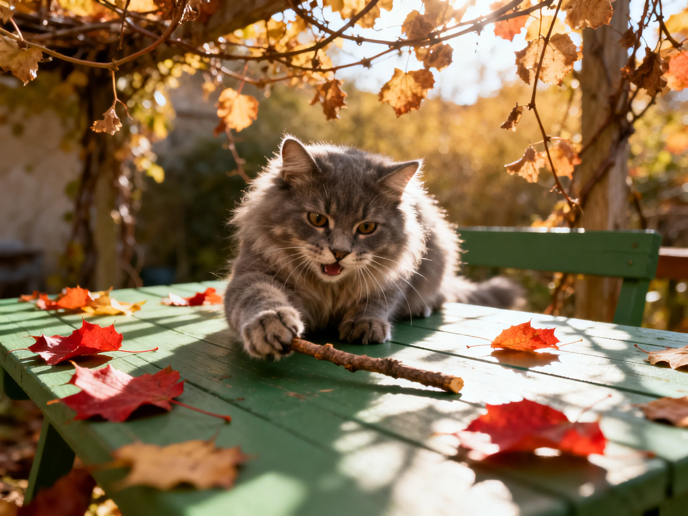 A fluffy gray cat plays with a stick on a green picnic table among autumn leaves