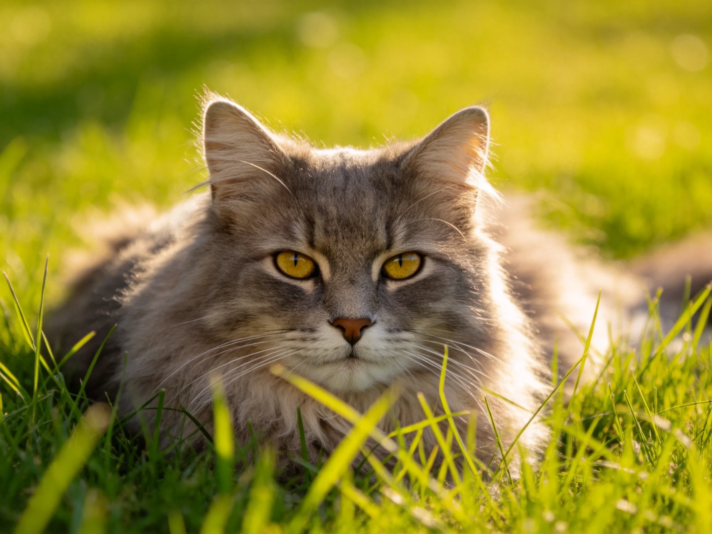 A fluffy gray cat lies calmly among lush green grass in bright daylight.