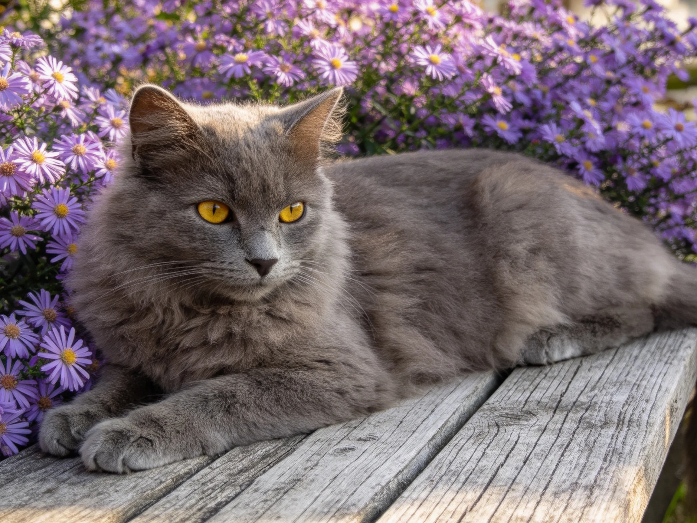 A fluffy gray cat rests beside vibrant purple aster blooms