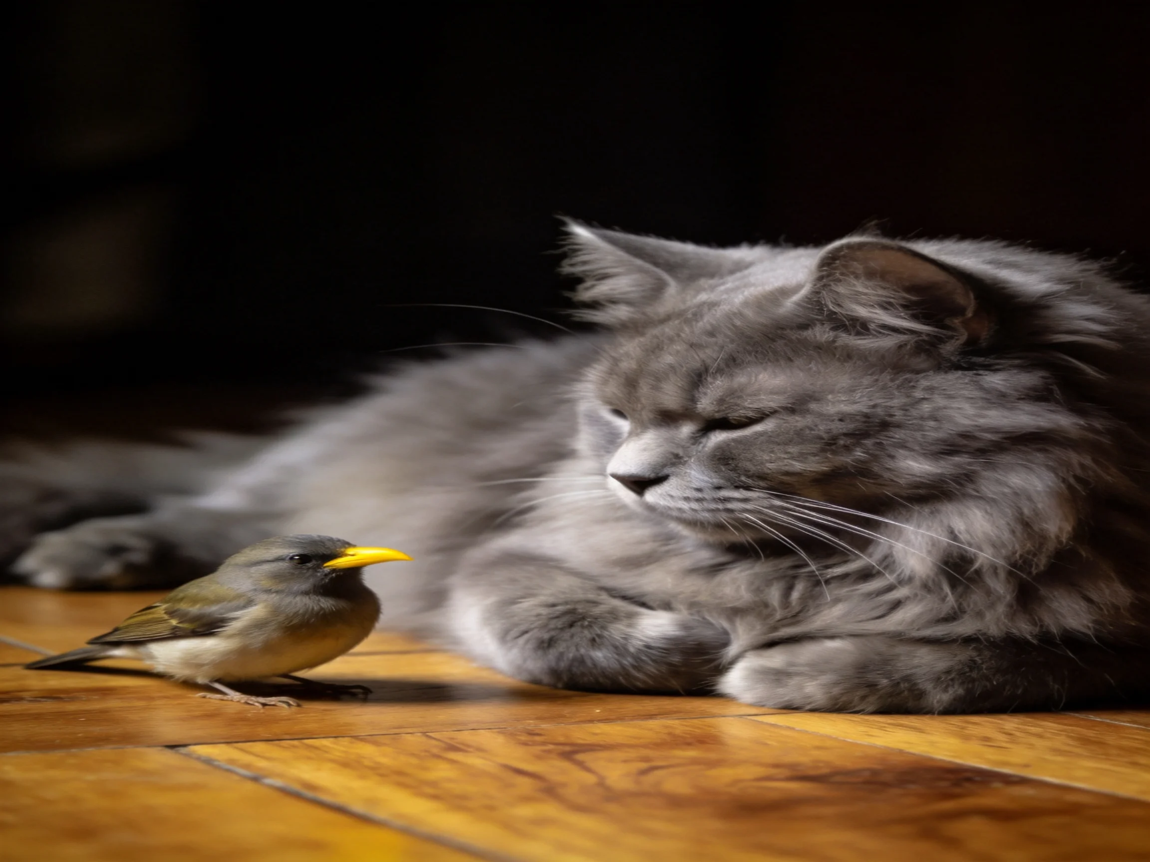 A fluffy gray cat rests next to a small bird with a yellow beak