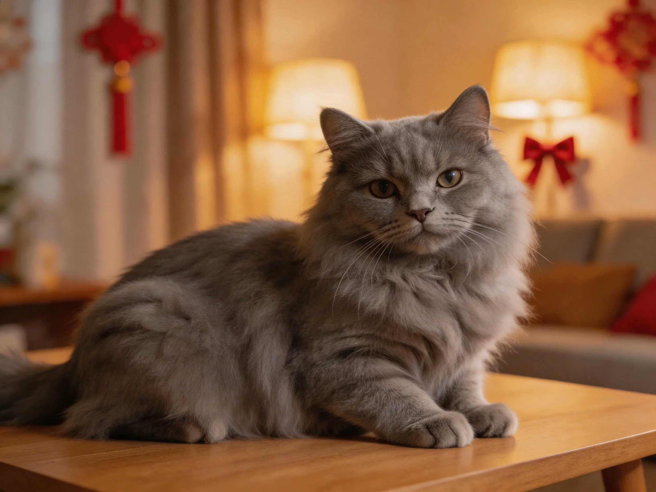 A fluffy gray cat sits calmly on a wooden table in a cozy, well-lit room.
