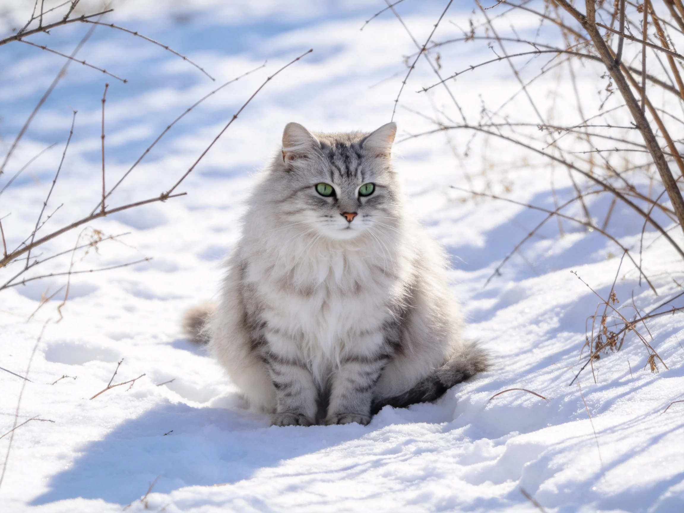 A fluffy gray cat sits calmly in snowy terrain near bare branches