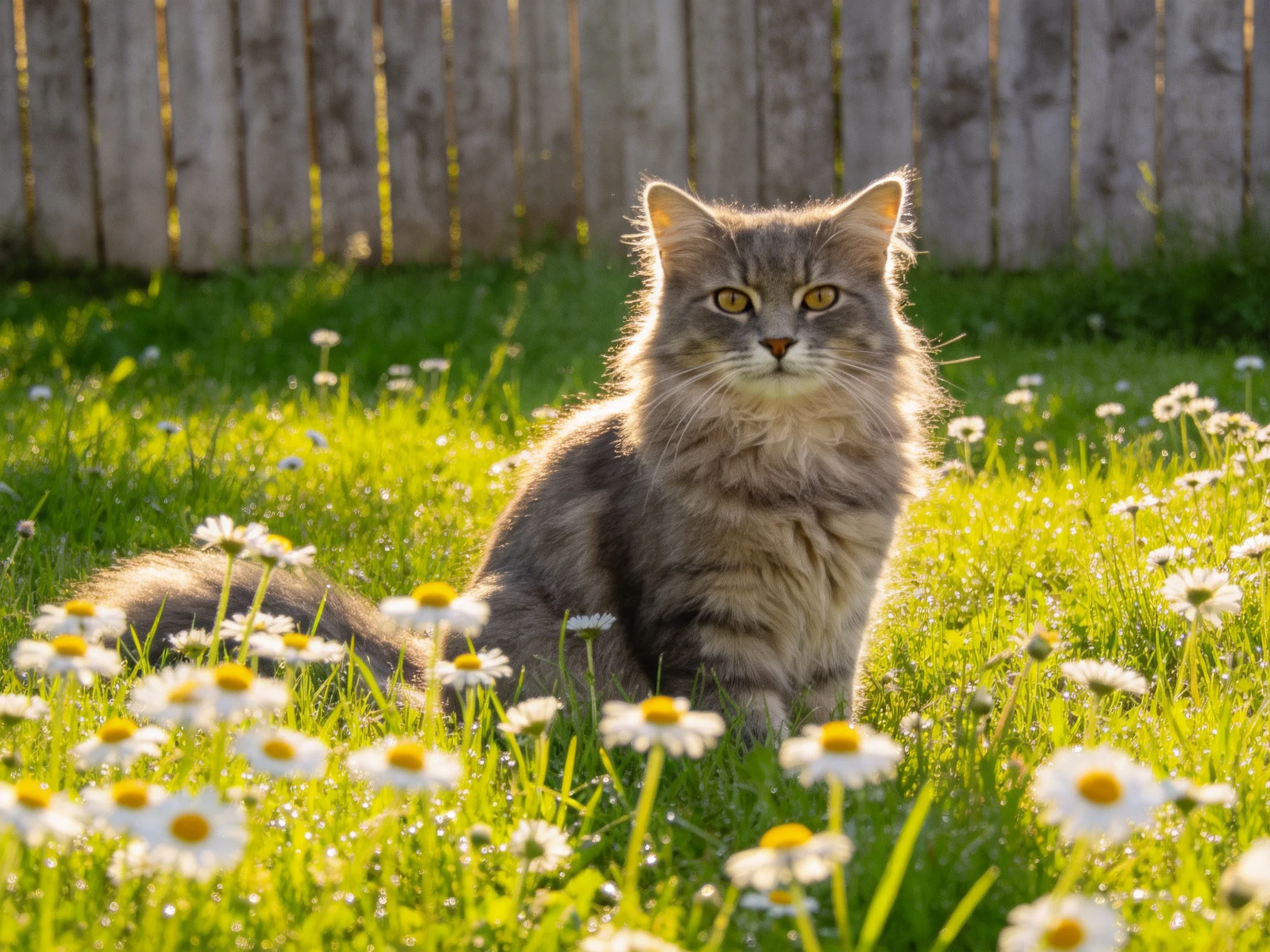 A fluffy gray cat sits among daisies near a weathered wooden fence