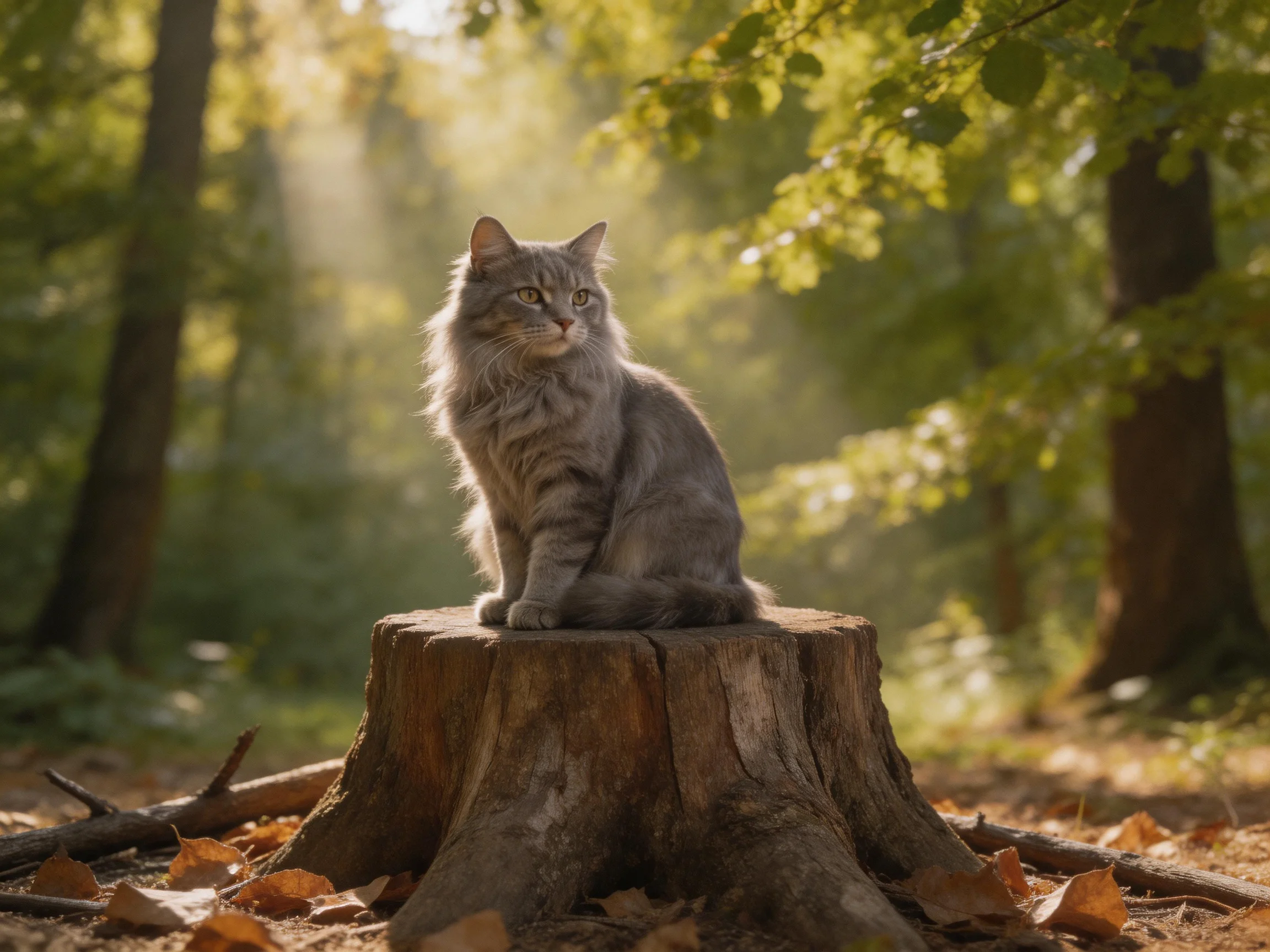 A gray cat rests on a tree stump in a sunlit forest.