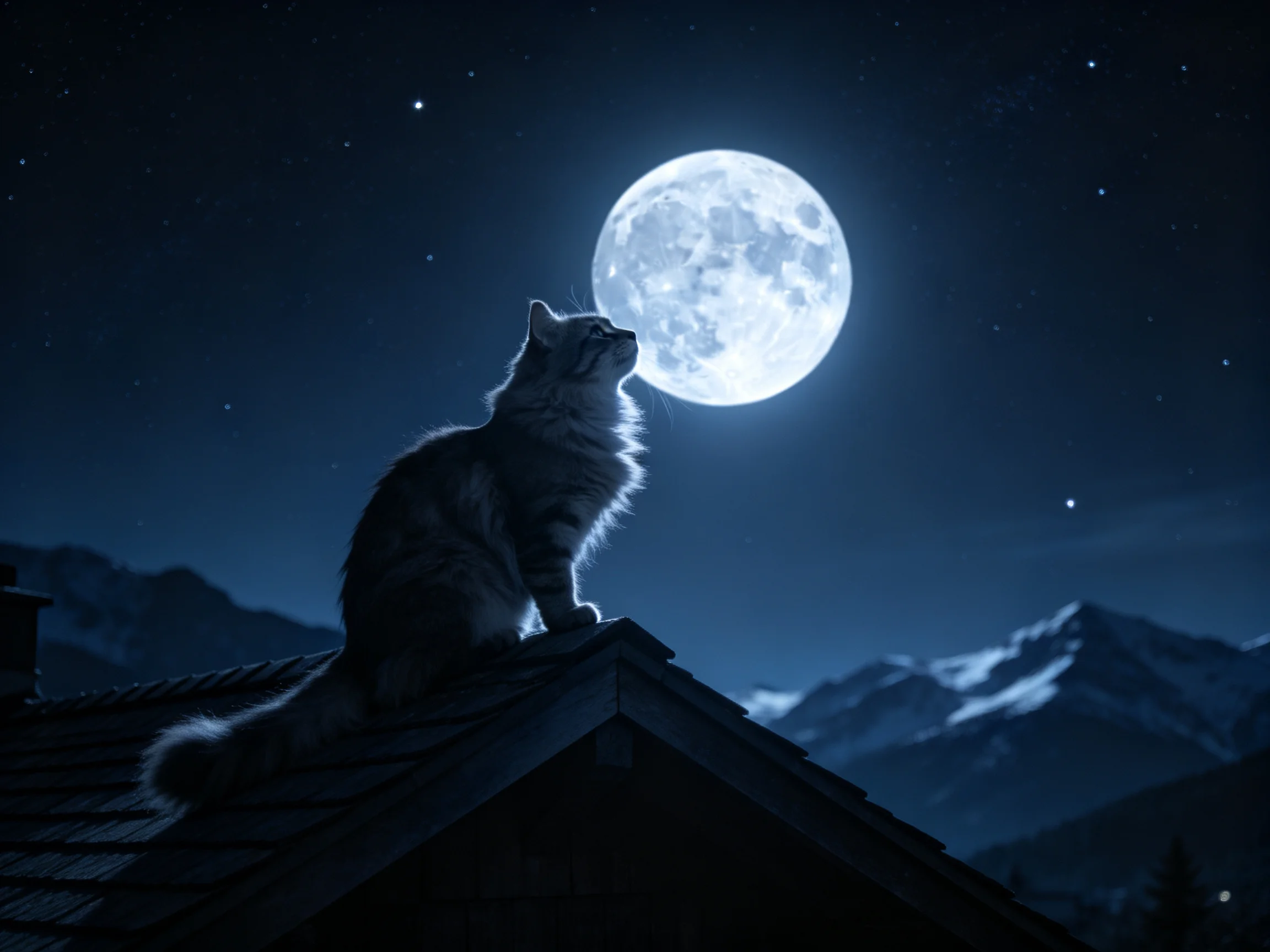 A fluffy gray cat sits atop a rooftop gazing at a large bright moon