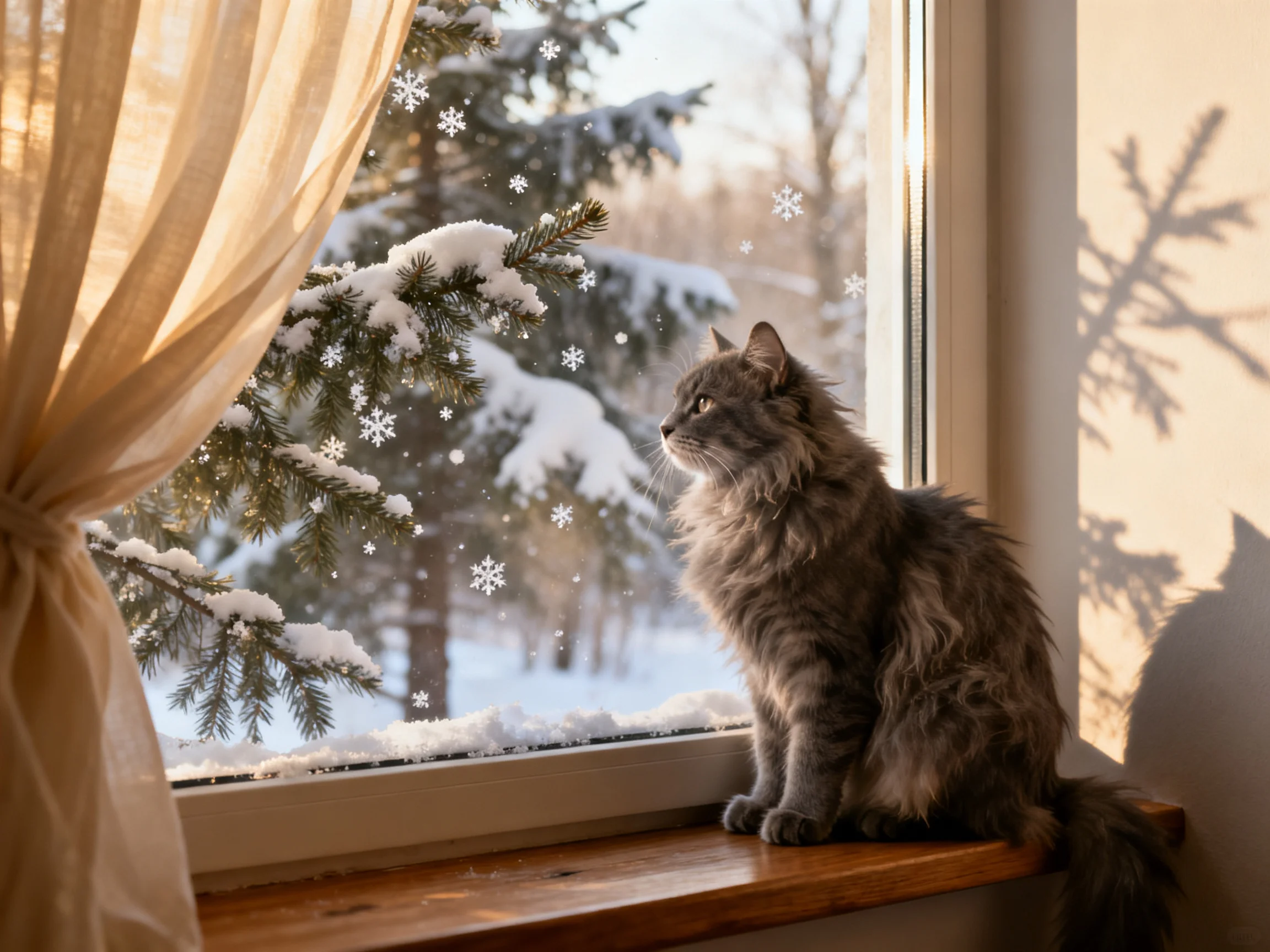 A fluffy gray cat sits by a snow-covered window with beige curtains