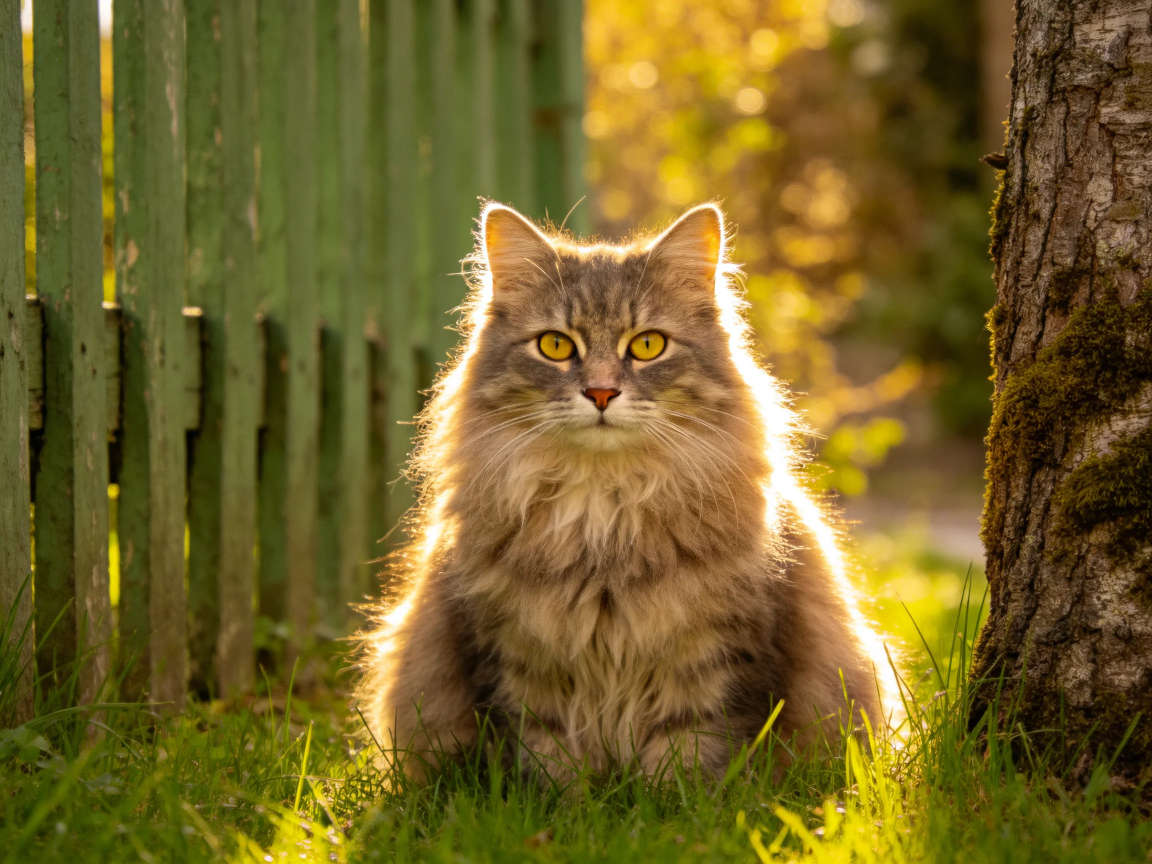 A fluffy gray cat sits near a green fence and tree