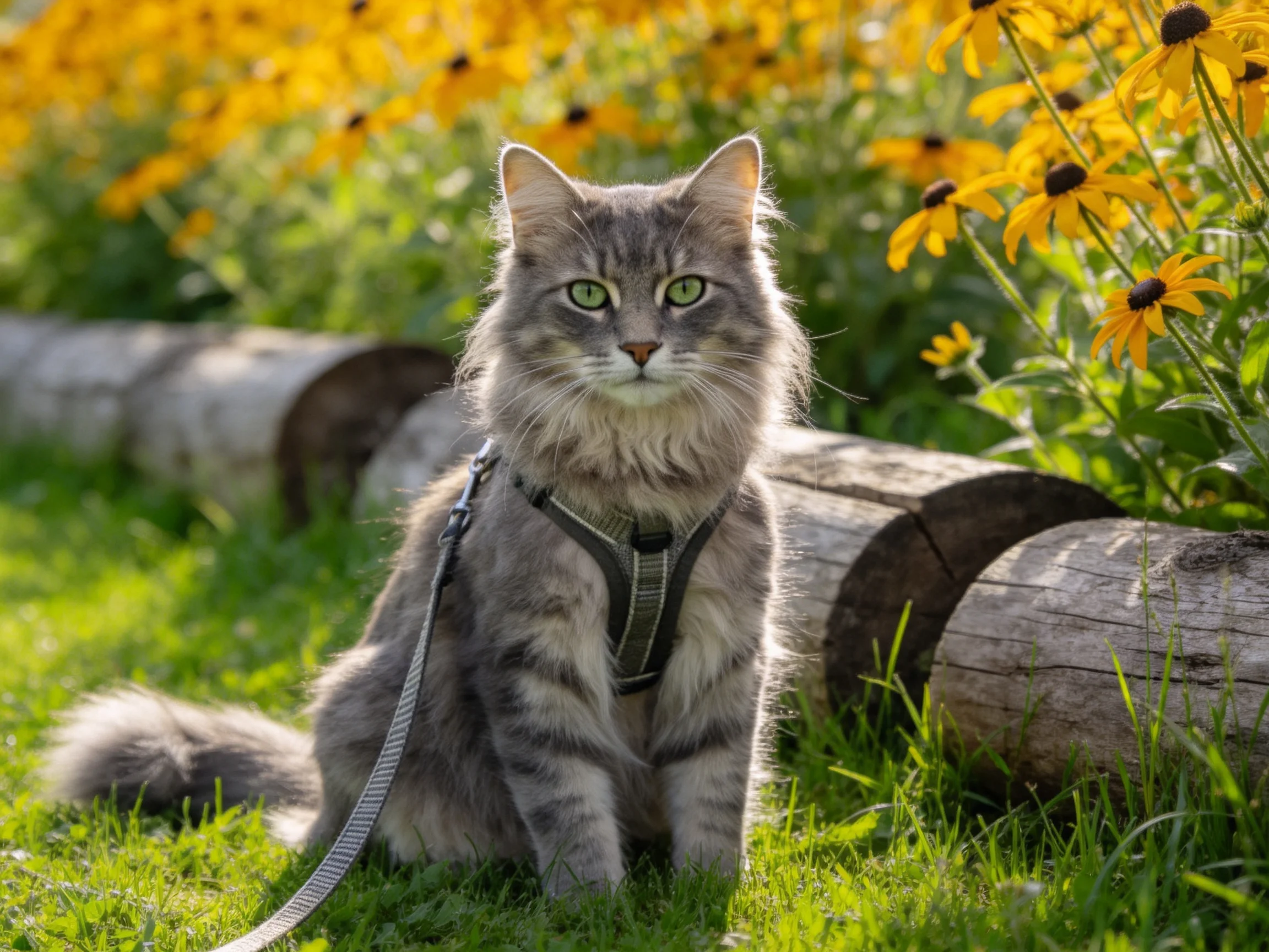 A gray cat in a harness sits near yellow flowers and logs in a sunny outdoor setting.