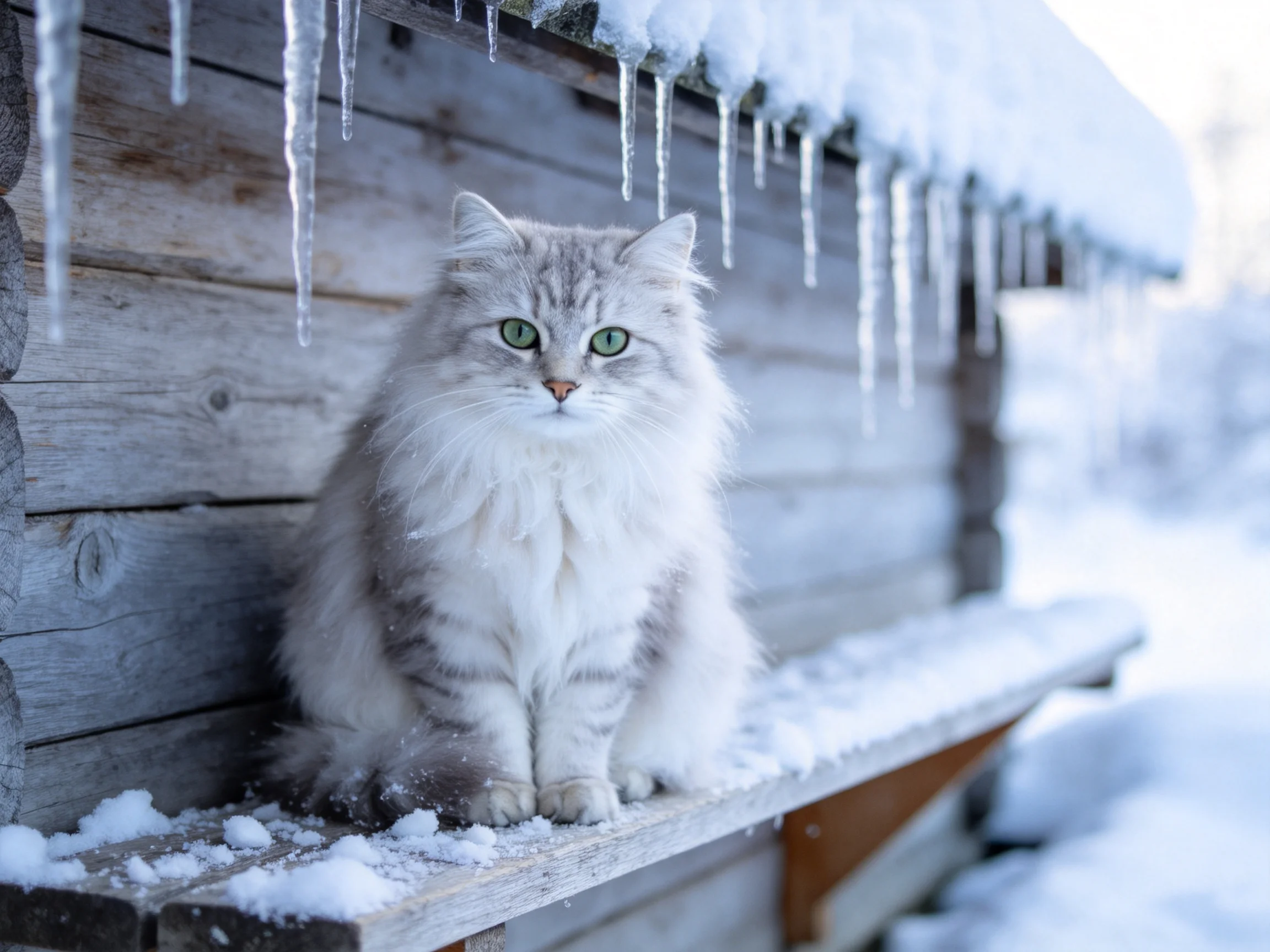 A fluffy gray cat sits on a snow-covered wooden bench near icicles