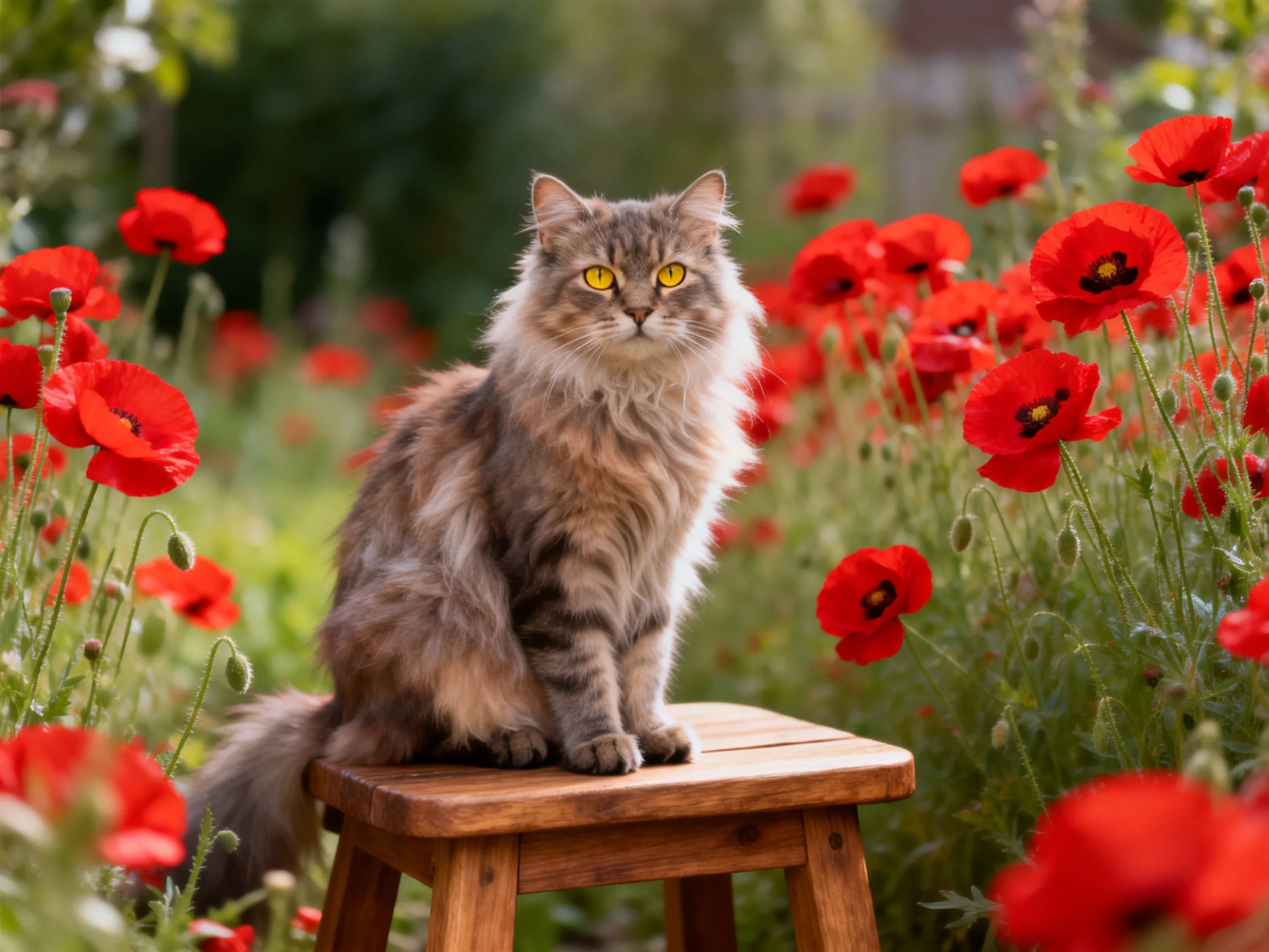 A fluffy gray cat sits on a wooden stool surrounded by red poppies in a garden.