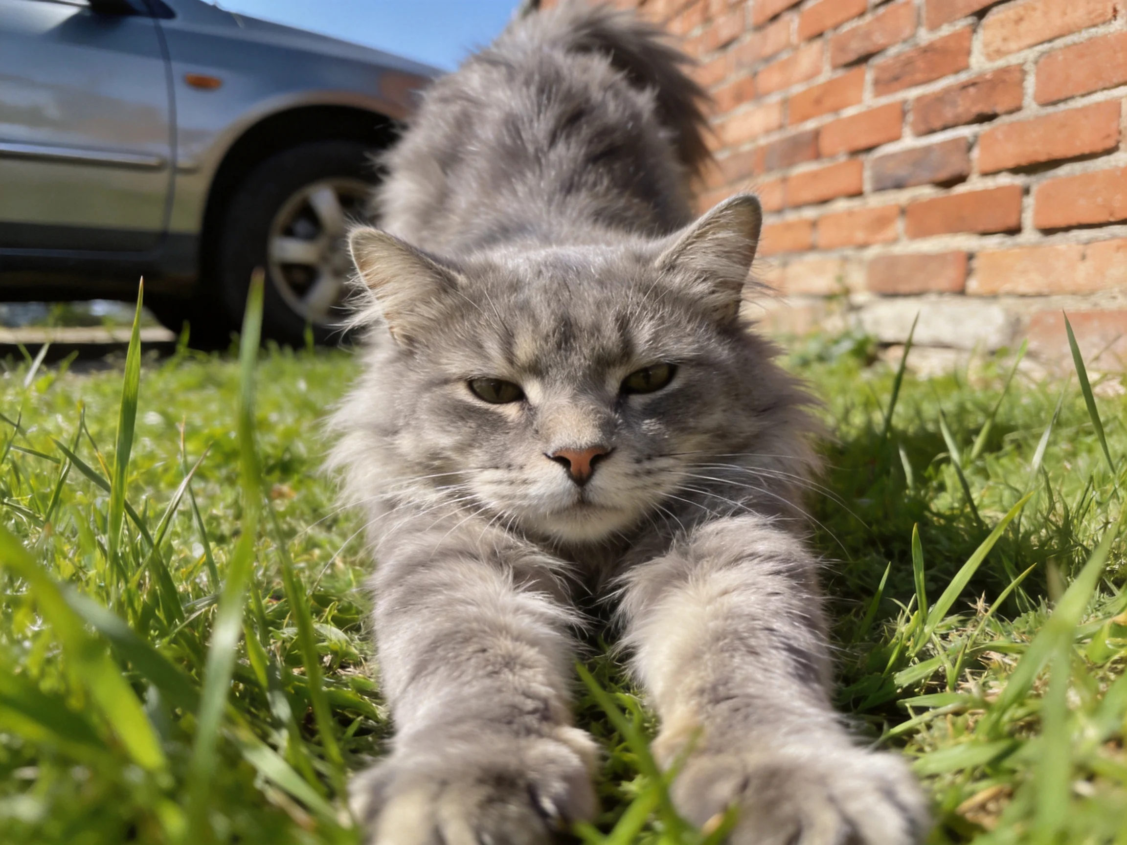 A fluffy gray cat stretches on green grass near a brick wall and silver car