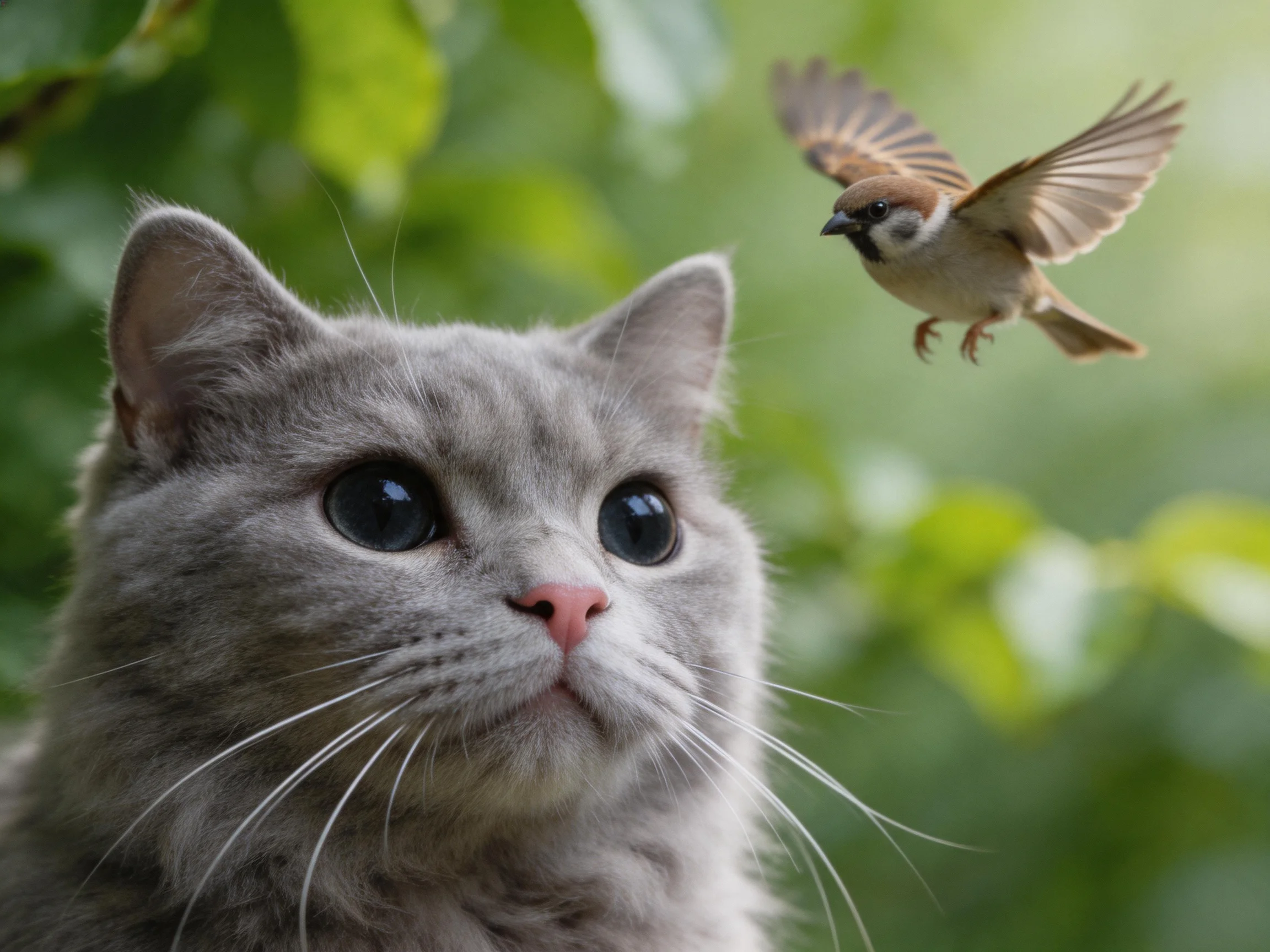 A fluffy gray cat watches a small brown bird in flight