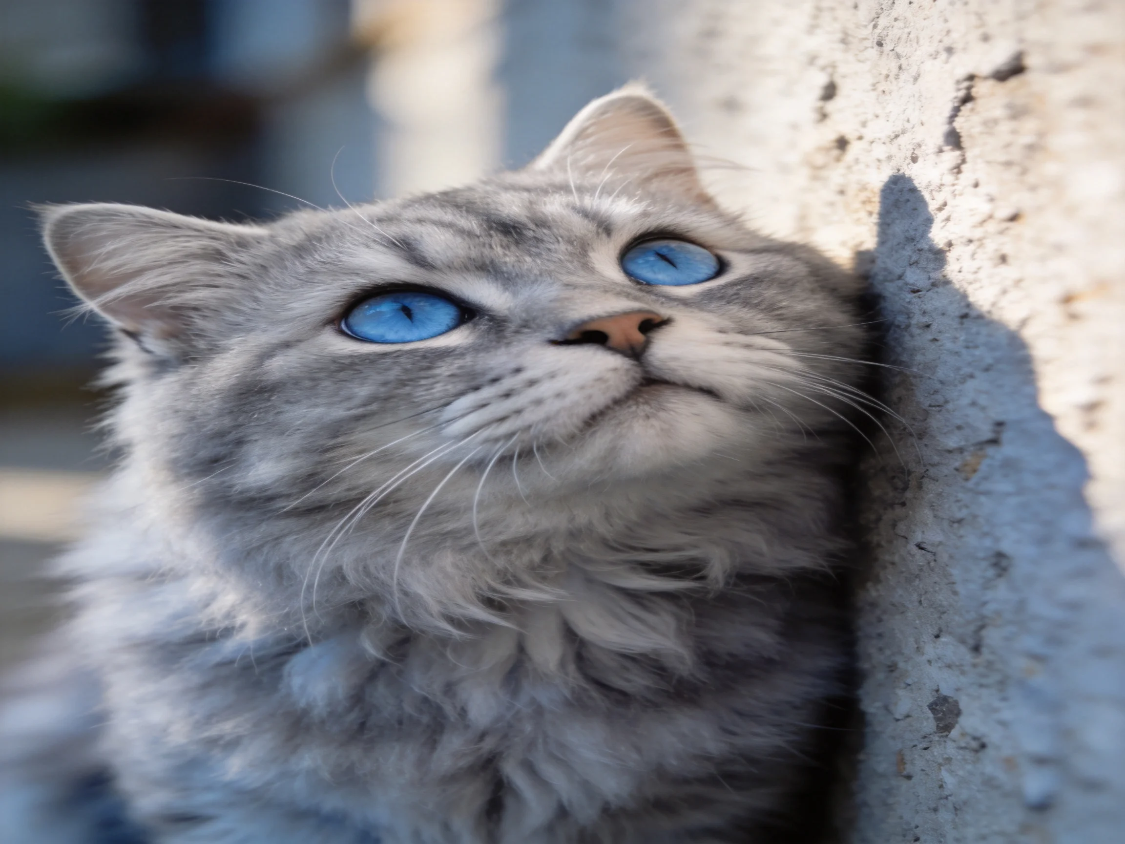 A gray cat with bright blue eyes rests against a concrete wall