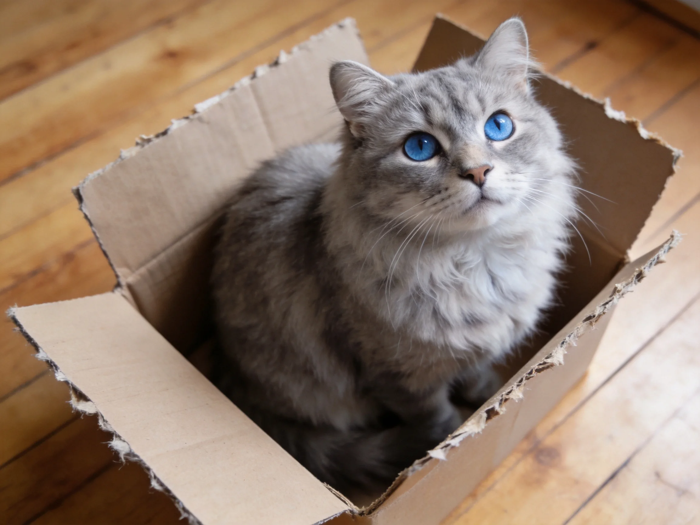 A gray cat with blue eyes sits inside an open cardboard box.