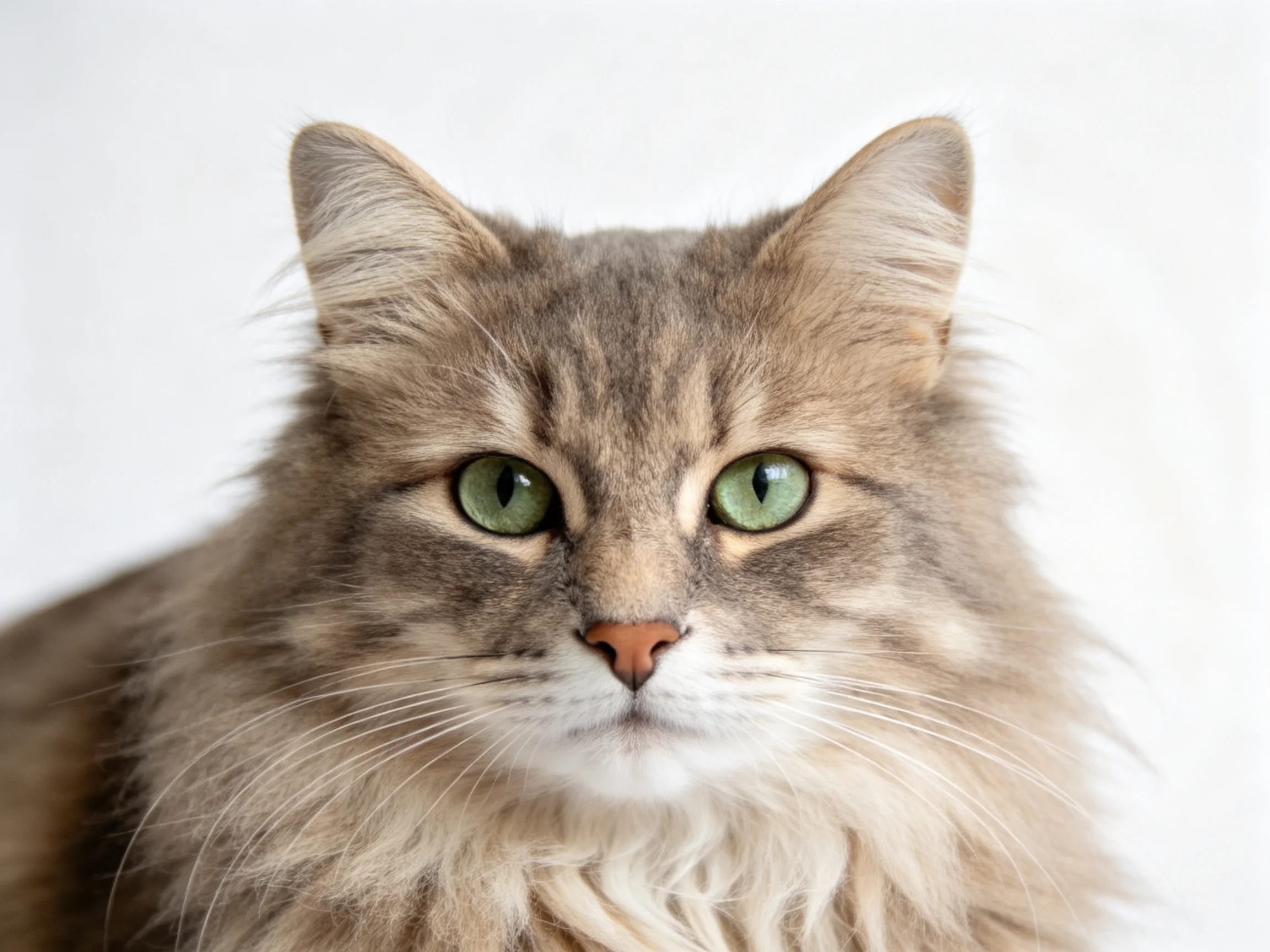 A fluffy gray cat with bright green eyes sits against a plain white background.