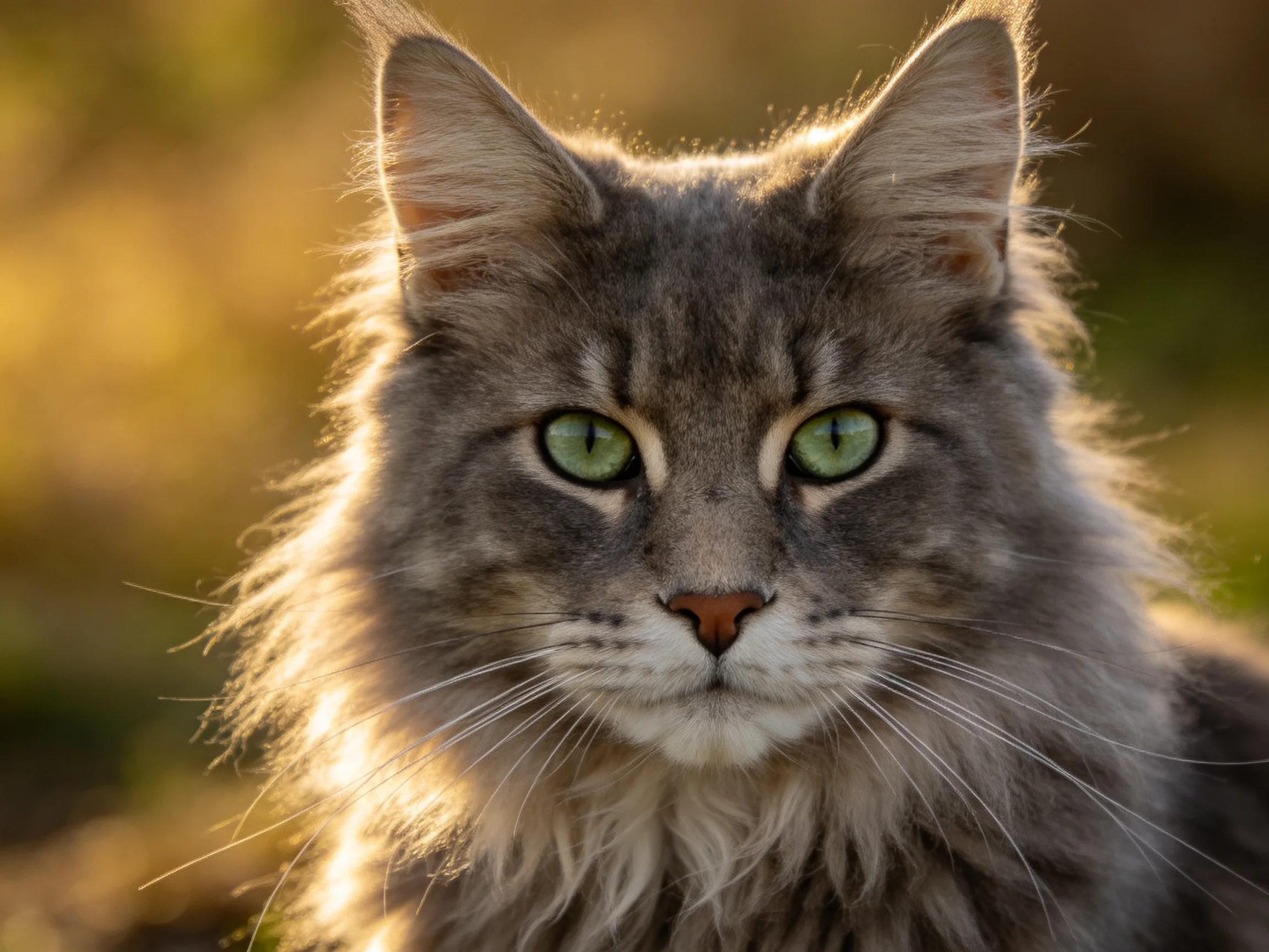 A gray cat with green eyes is shown in a softly lit outdoor scene.