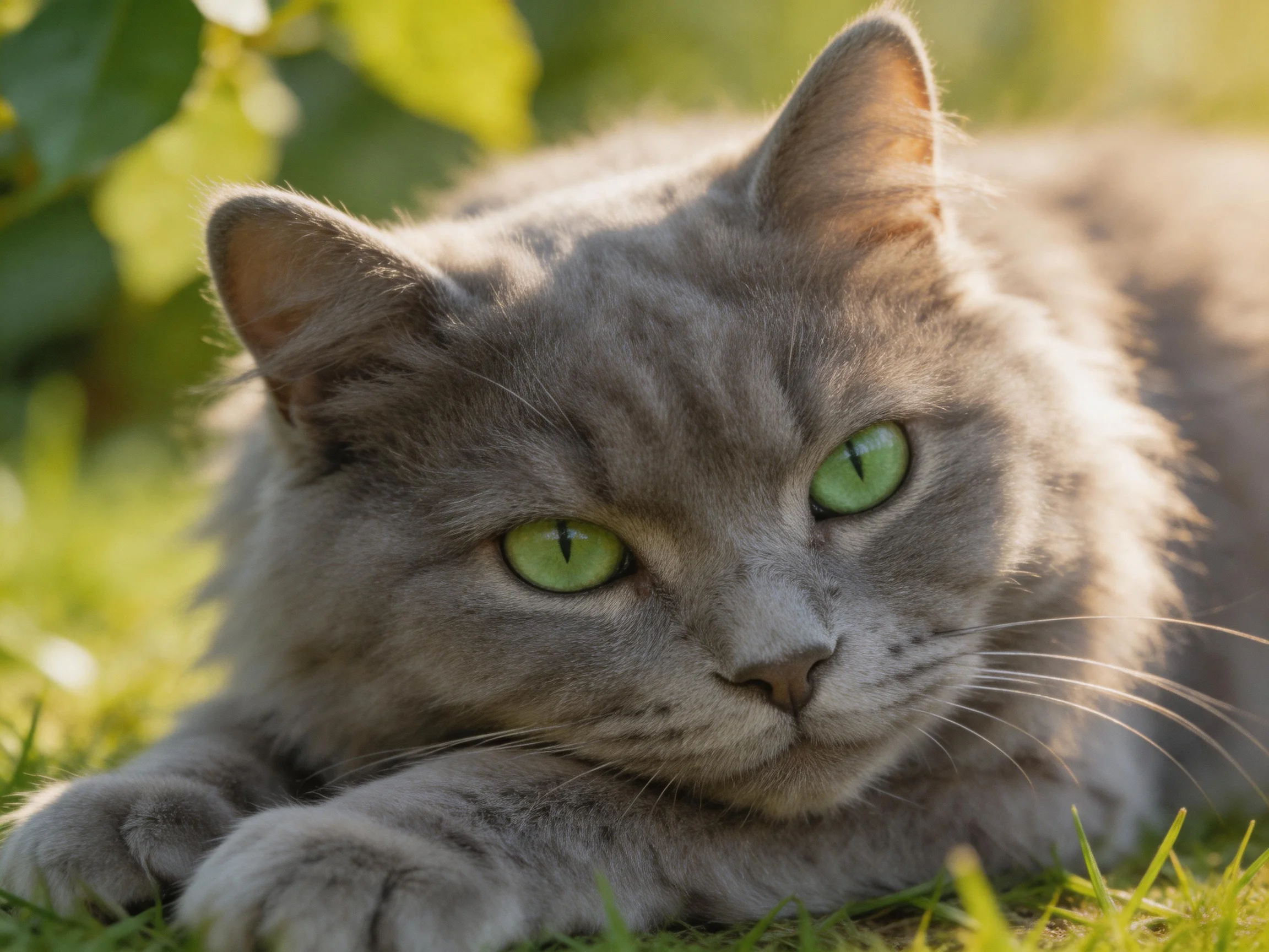 A gray cat with green eyes relaxes on grass in a sunlit outdoor setting.